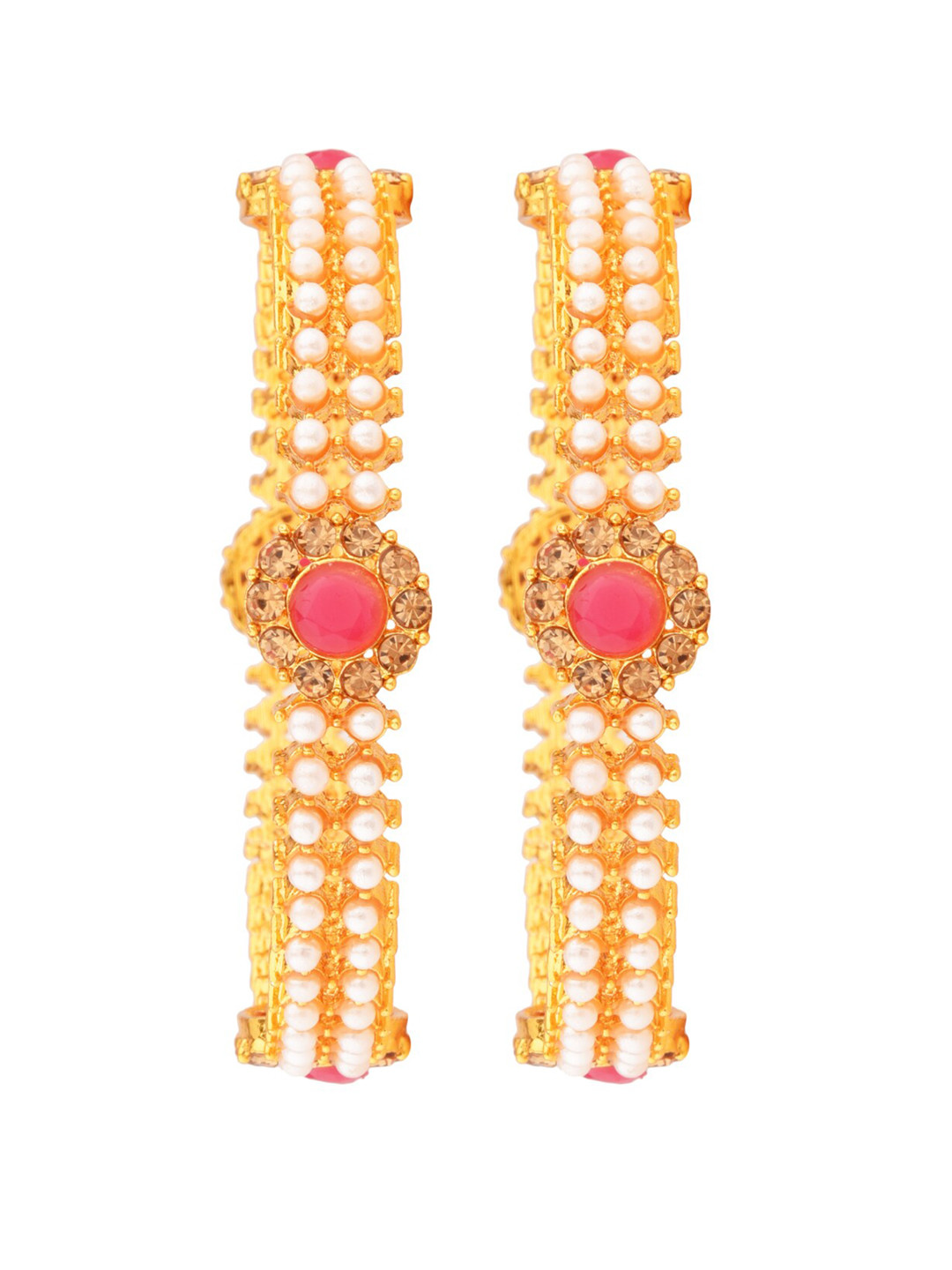 

FEMMIBELLA Set Of 2 Gold-Plated White & Green Stone-Studded & Pearl Beaded Bangles