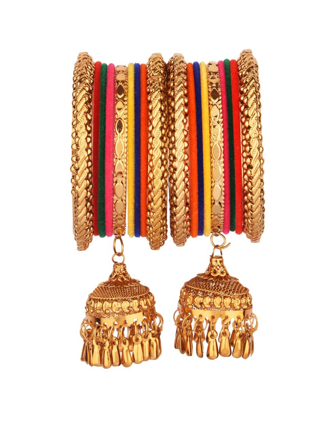 

FEMMIBELLA Set Of 18 Gold-Plated Blue & Red Thread Jhumka Latkan Bangles