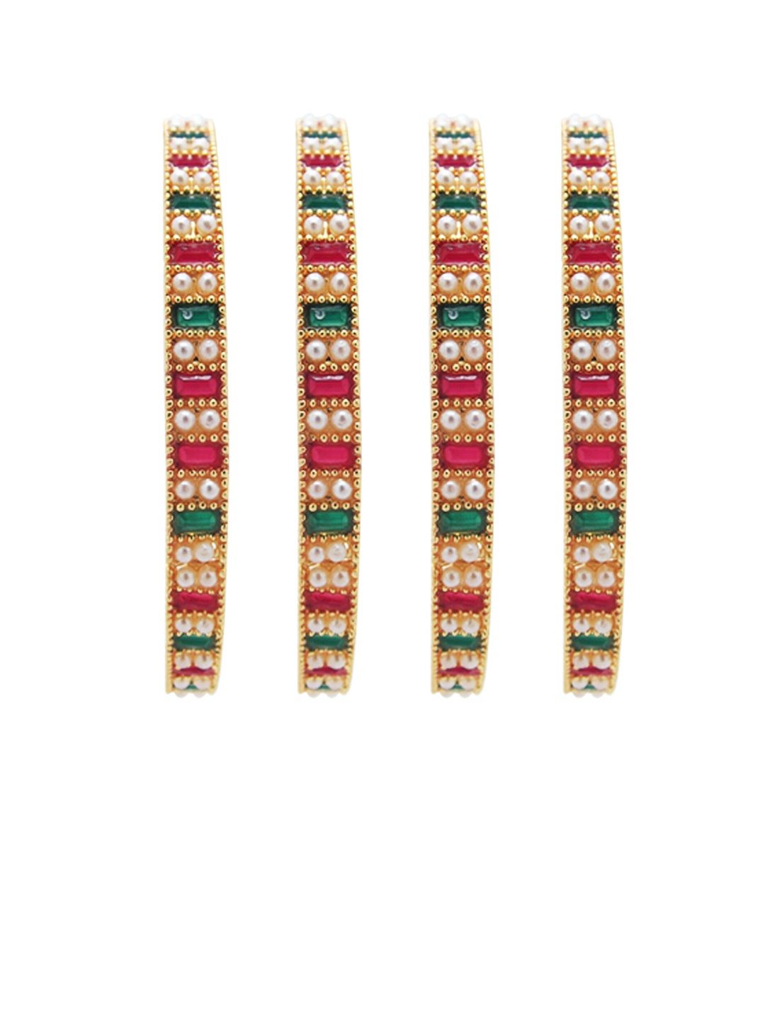 

FEMMIBELLA Set of 4 Gold-Plated Red & Green Stone Studded Bangles Set