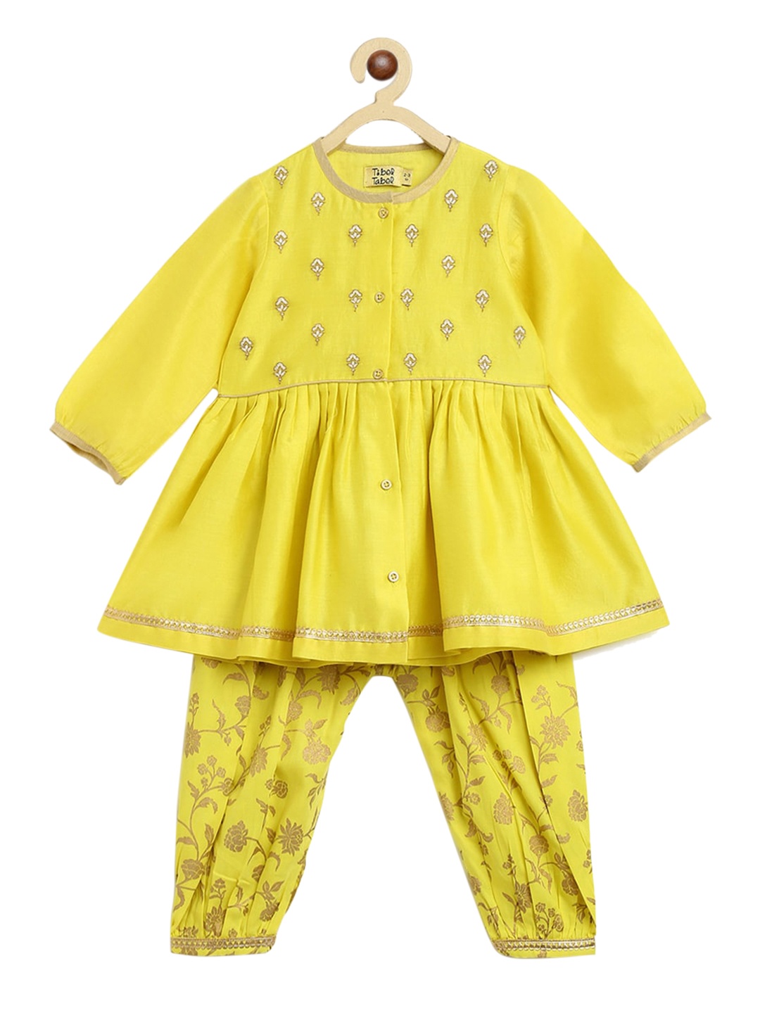 

Tiber Taber Girls Yellow Floral Embroidered Chanderi Silk Kurta with Salwar