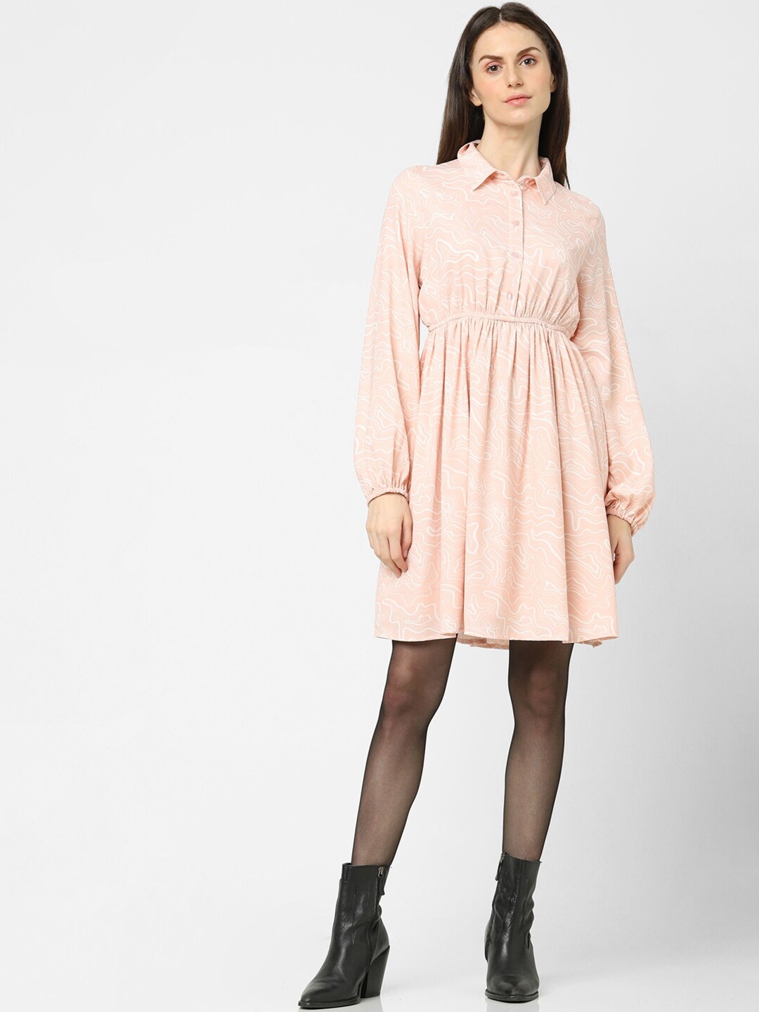 

Vero Moda Women Peach & White Printed Shirt Collar Dress