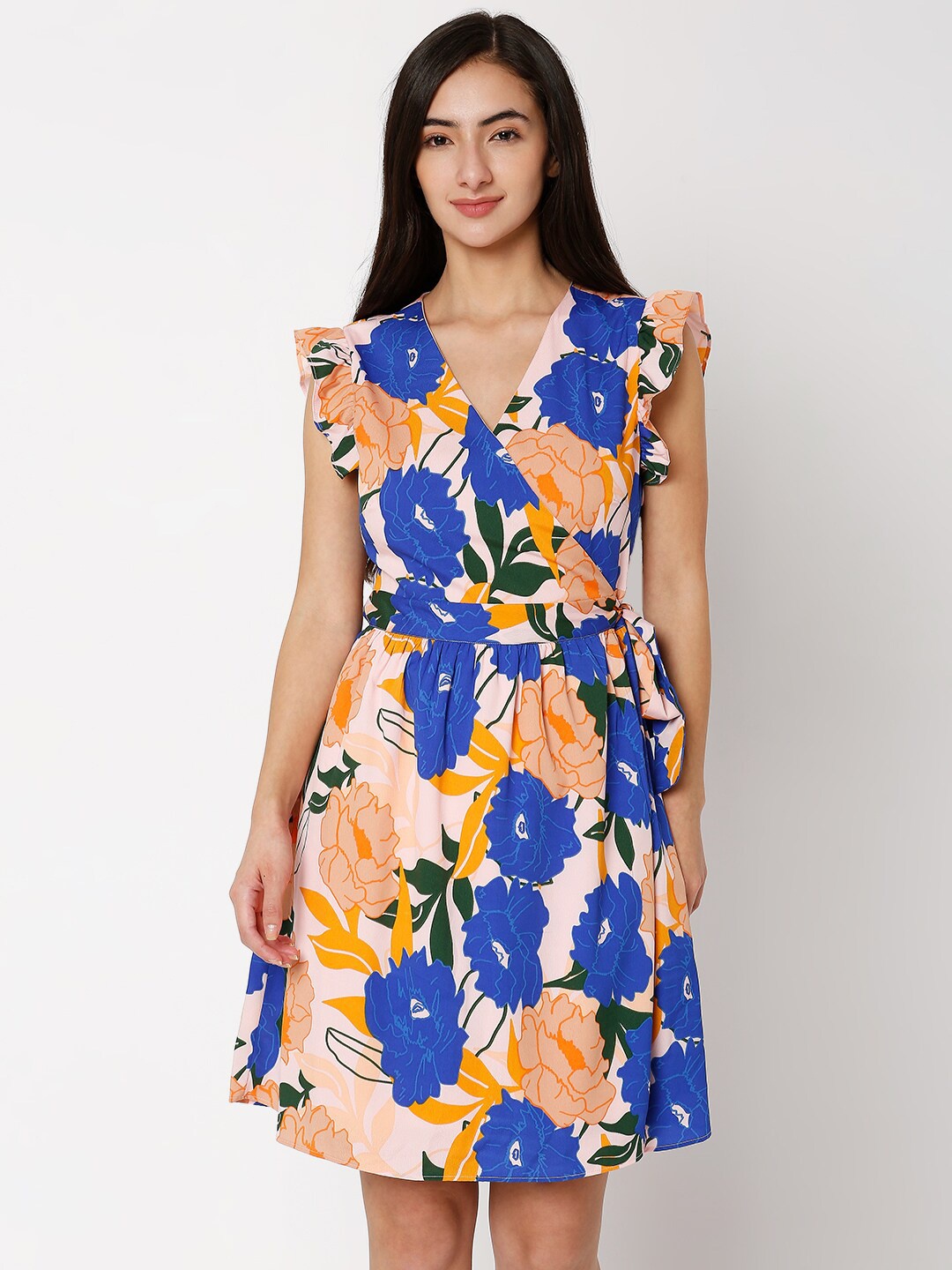 

Vero Moda Women Blue & Orange Floral Printed Flutter Sleeves Wrap Dress