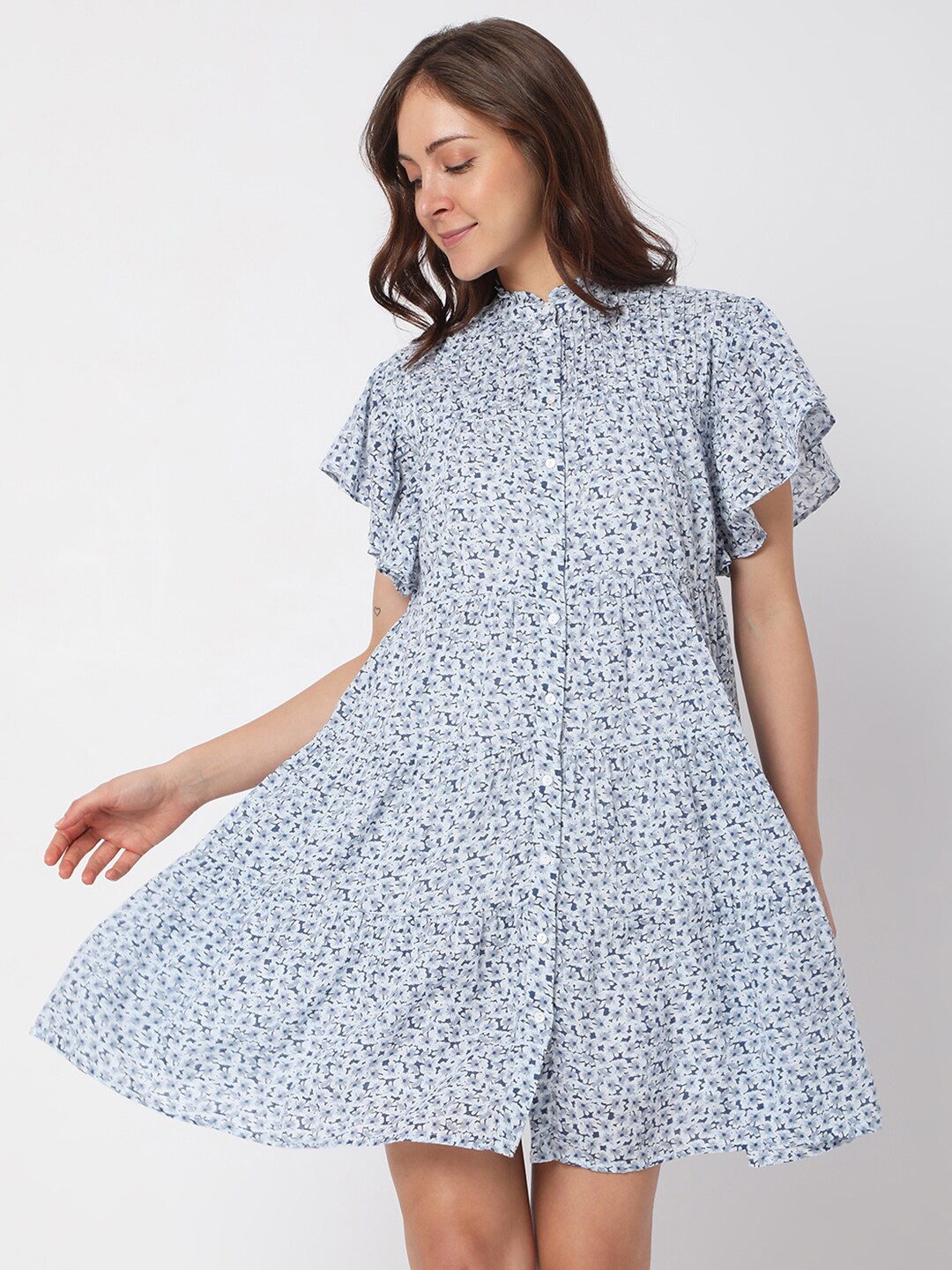 

Vero Moda Women White & Blue Floral Printed Cotton A-Line Dress