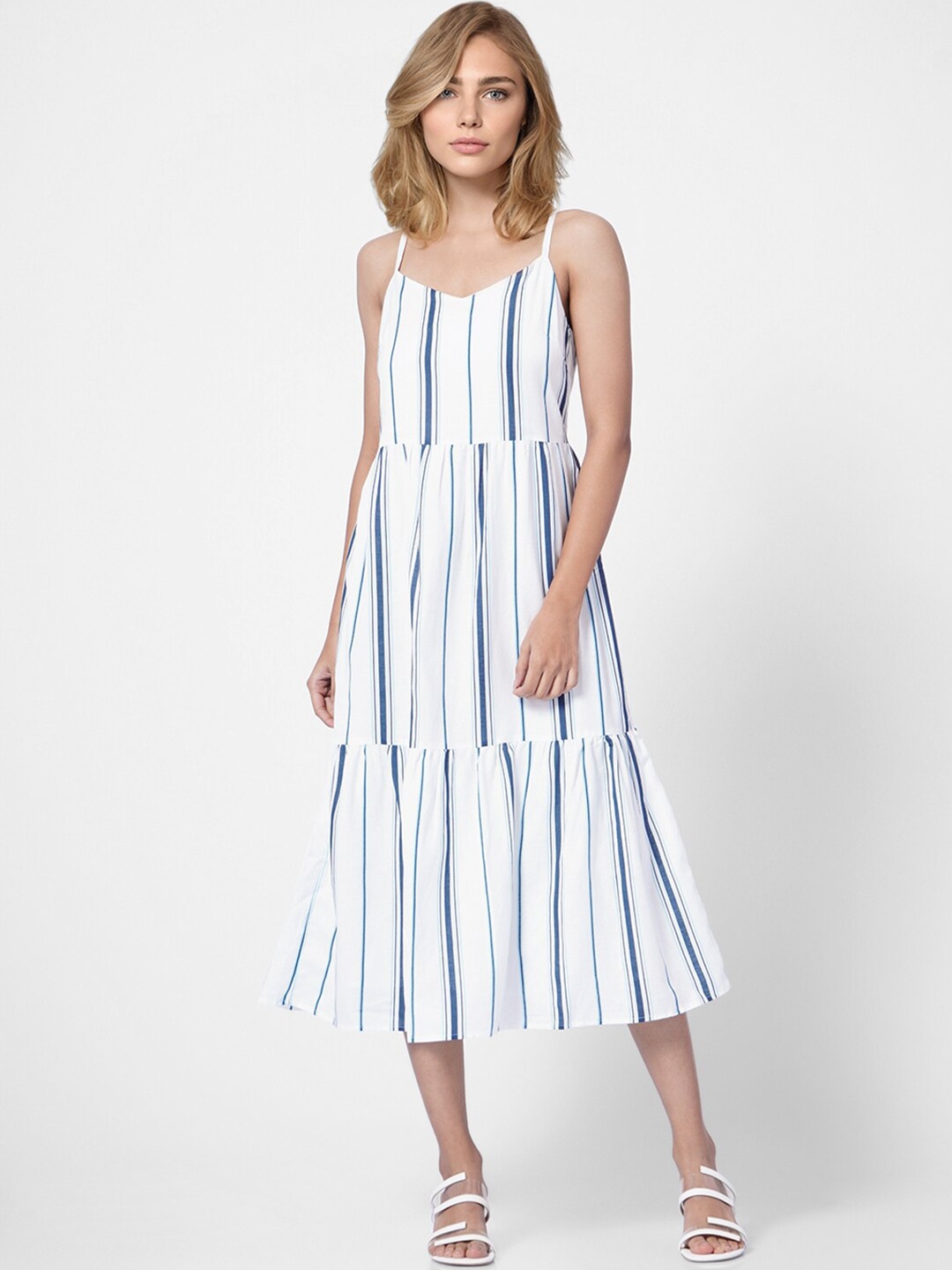 

Vero Moda Women White & Blue Striped Shoulder Straps Midi Dress