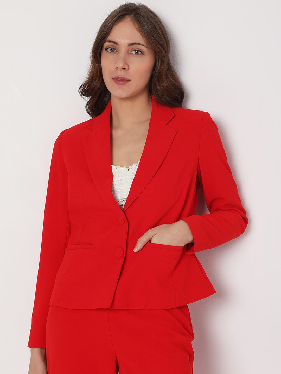 

Vero Moda Women Red Solid Single Breasted Blazer