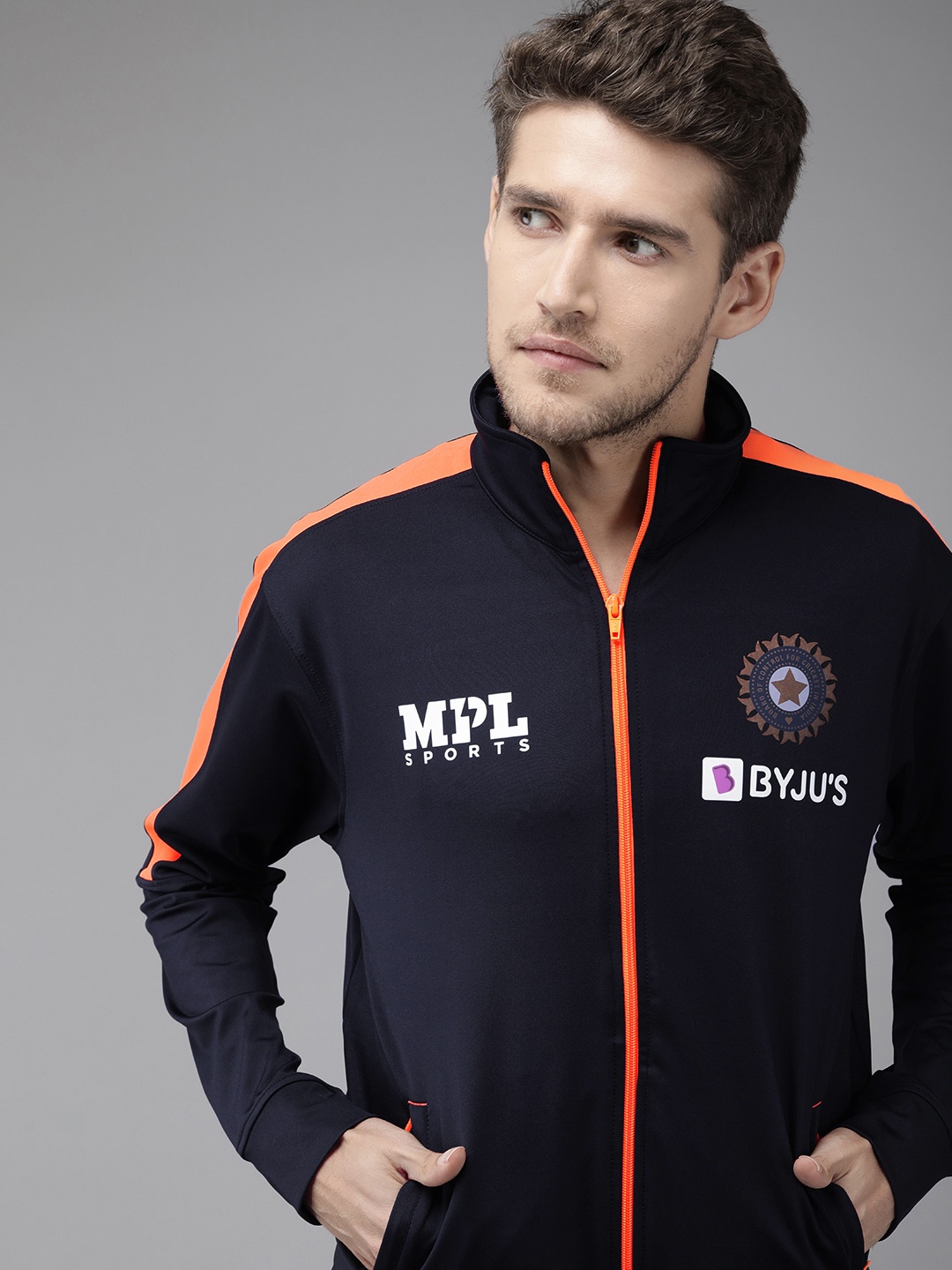 

MPL SPORTS Men Navy Blue Brand Logo Printed Team India Training Track Jacket
