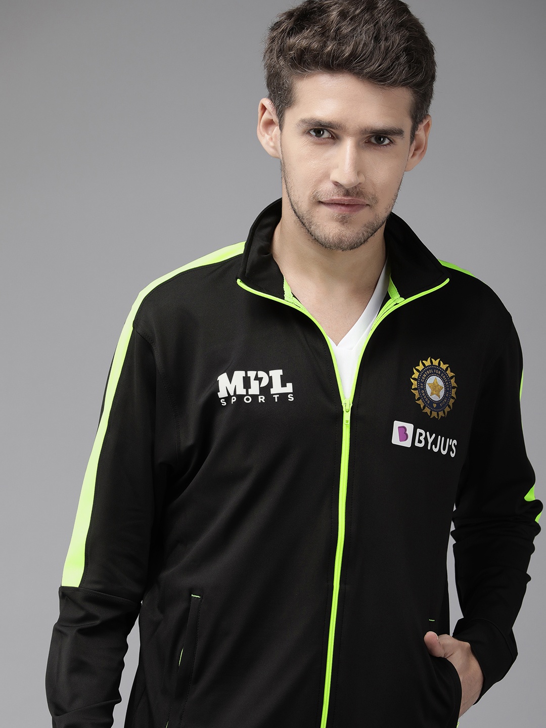 

MPL SPORTS Men Black Brand Logo Printed Team India Training Track Jacket