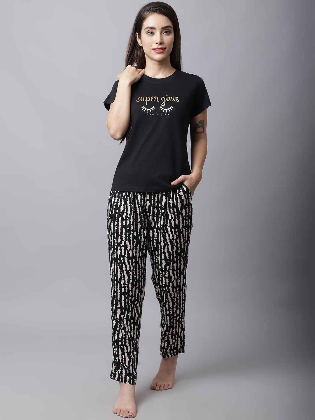 

Boston Club Women Black & White Printed Night Suit