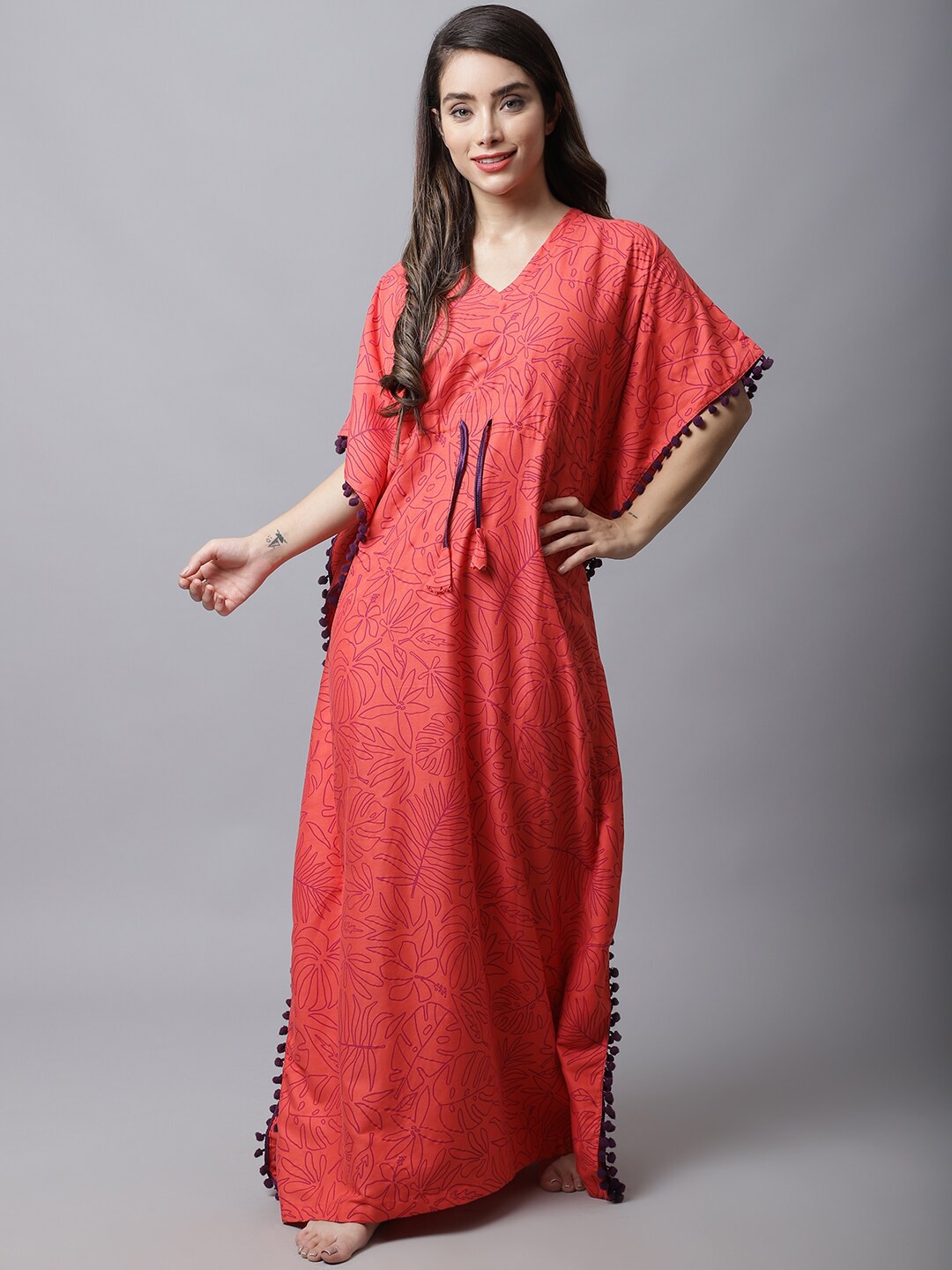 

Boston Club Women Orange Printed Maxi Kaftan Nightdress