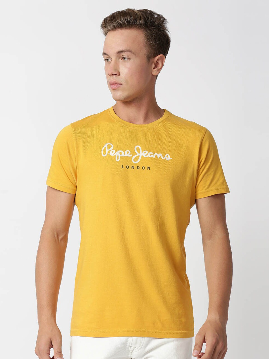

Pepe Jeans Men Yellow Typography Slim Fit T-shirt