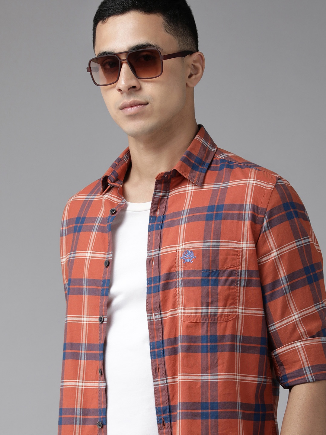 

U S Polo Assn Denim Co Men Orange & Navy Blue Slim Fit Tartan Checked Cotton Casual Shirt