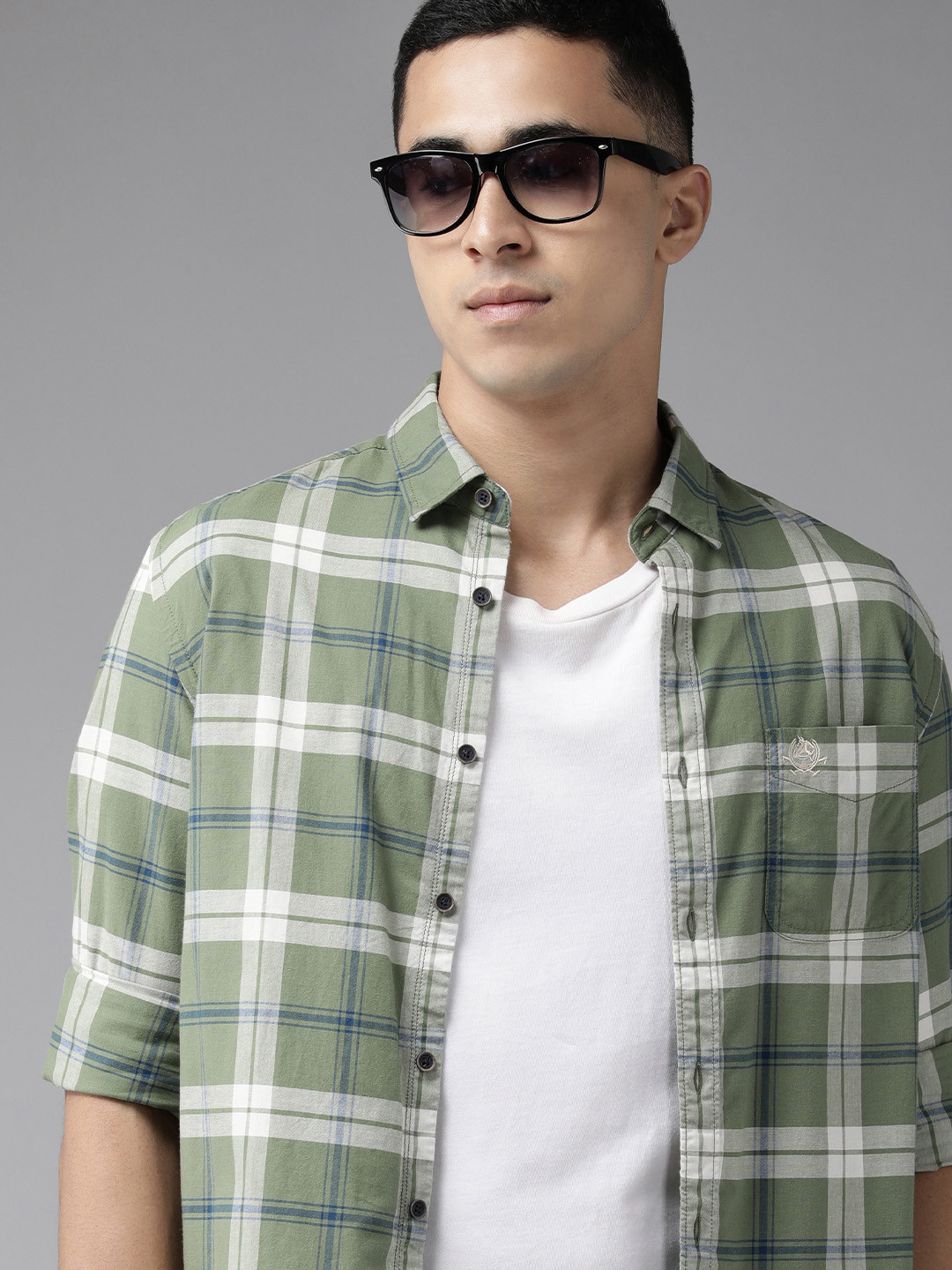 

U S Polo Assn Denim Co Men Green & White Slim Fit Tartan Checked Pure Cotton Casual Shirt