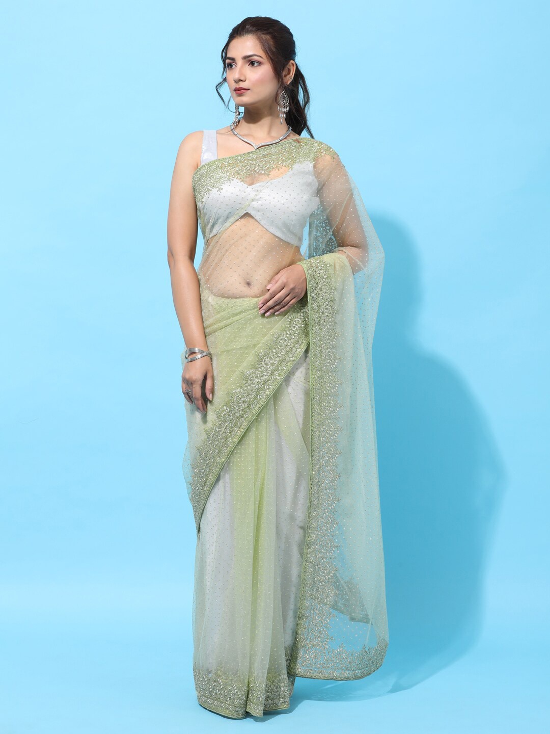 kasee Green Floral Floral Embroidered Net Heavy Work Saree