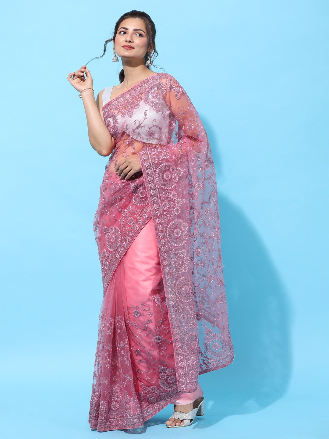 

kasee Pink Floral Embroidered Net Heavy Work Saree