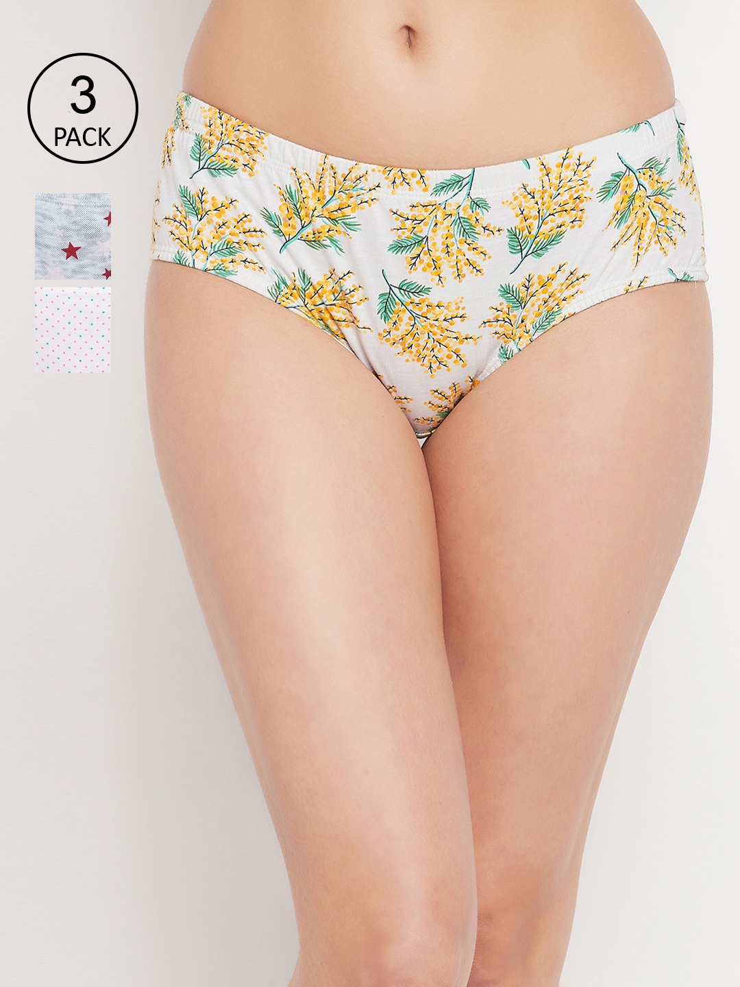 

Clovia Women Pack Of 3 Printed Cotton Hipster Briefs, Yellow