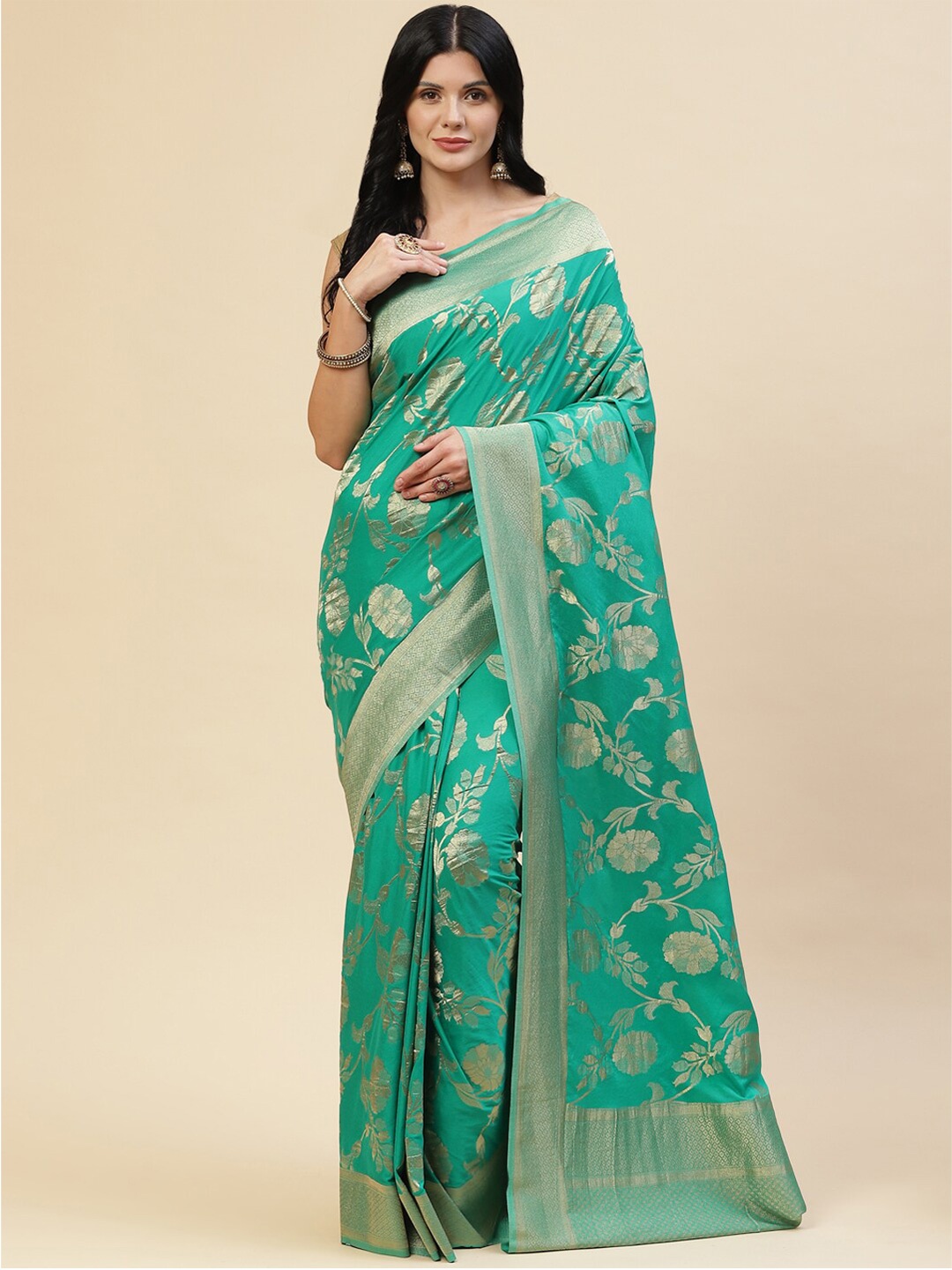

Meena Bazaar Women Blue & Gold-Toned Woven Design Zari Pure Crepe Saree