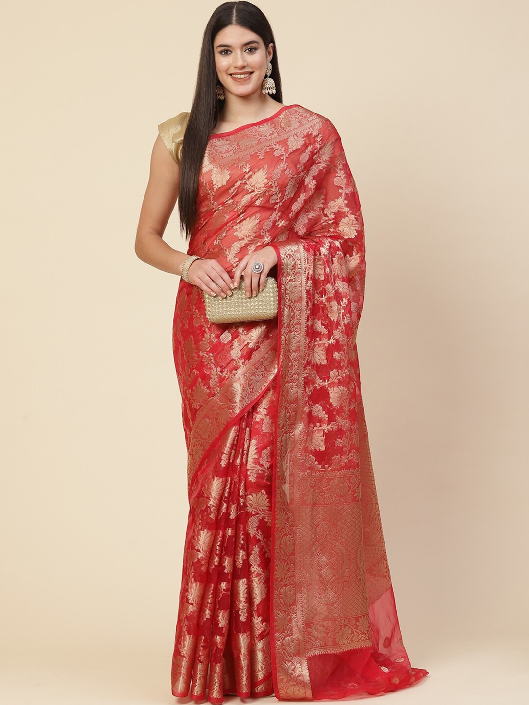 

Meena Bazaar Red & Gold Woven Design Zari Organza Saree