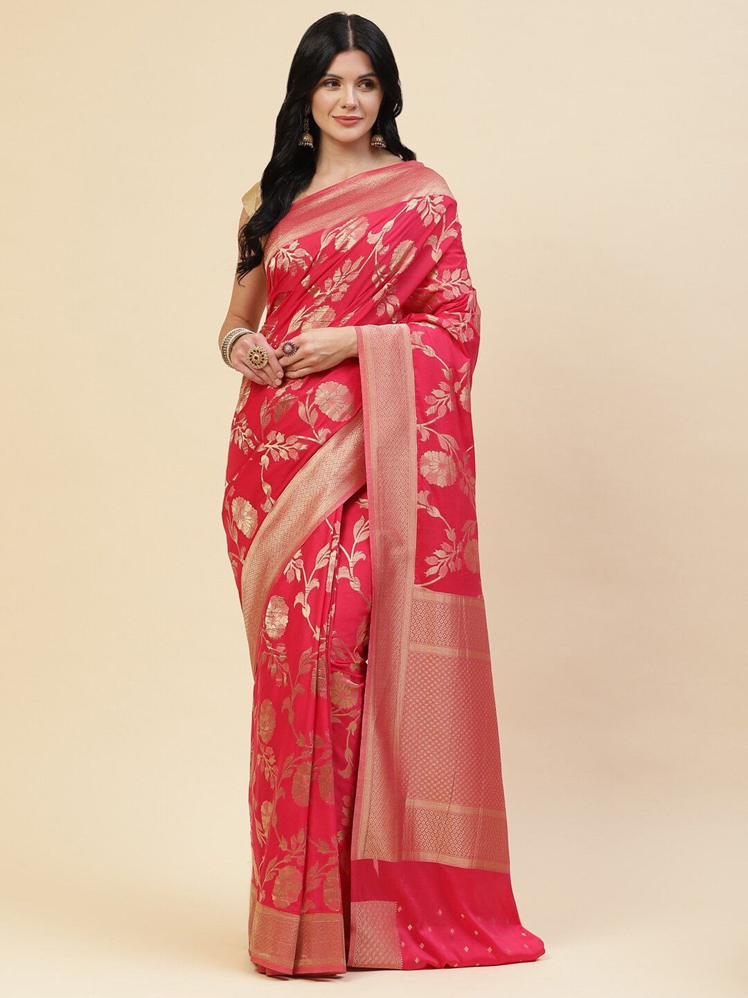 

Meena Bazaar Women Pink & Gold Woven Design Zari Pure Crepe Saree