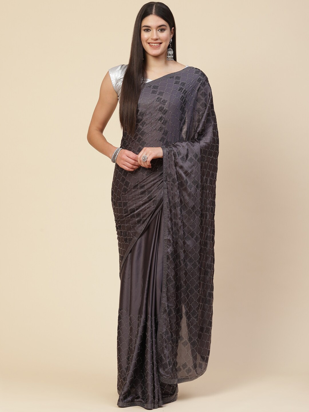 

Meena Bazaar Grey Embellished Beads and Stones Satin Saree