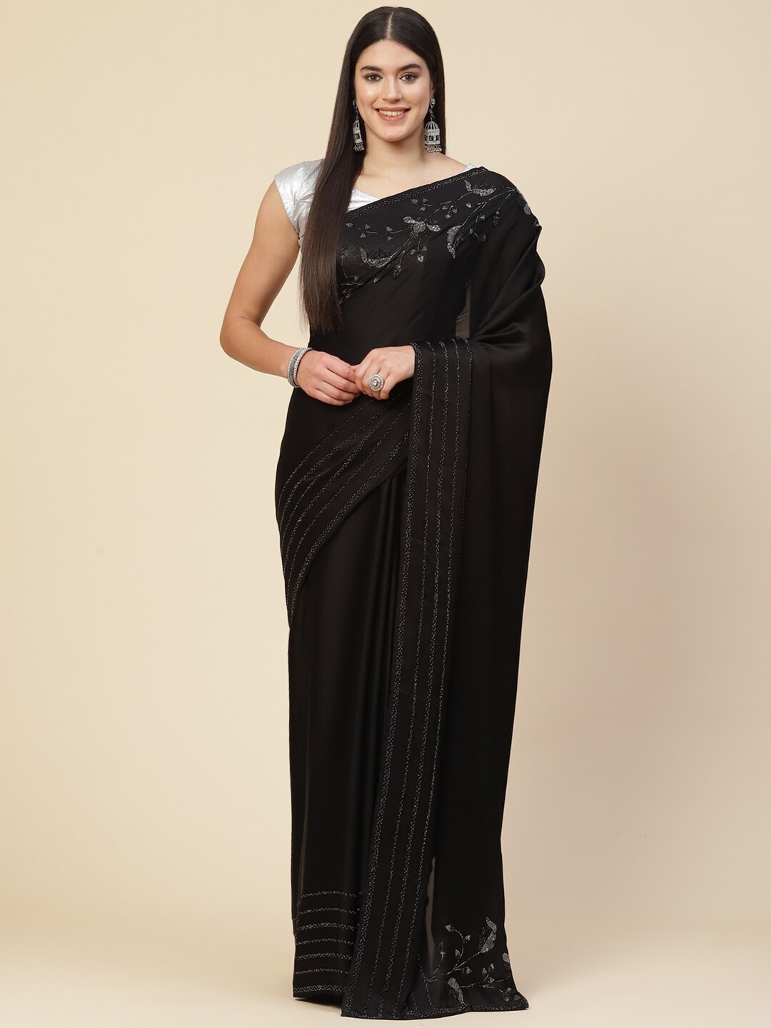 

Meena Bazaar Black Floral Embellished Satin Saree With Unstitched Blouse Piece