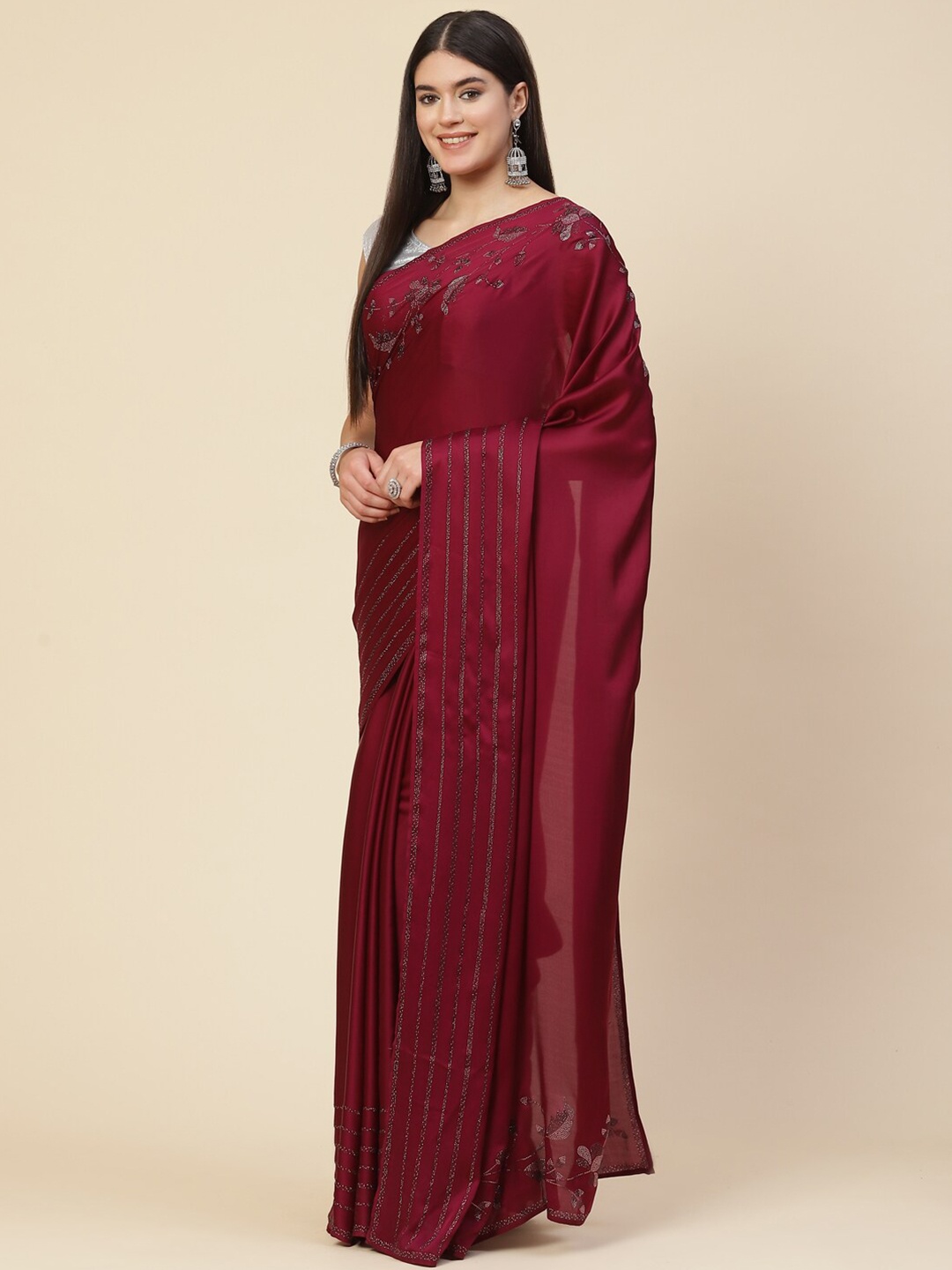

Meena Bazaar Women Burgundy Solid Beads and Stones Satin Saree
