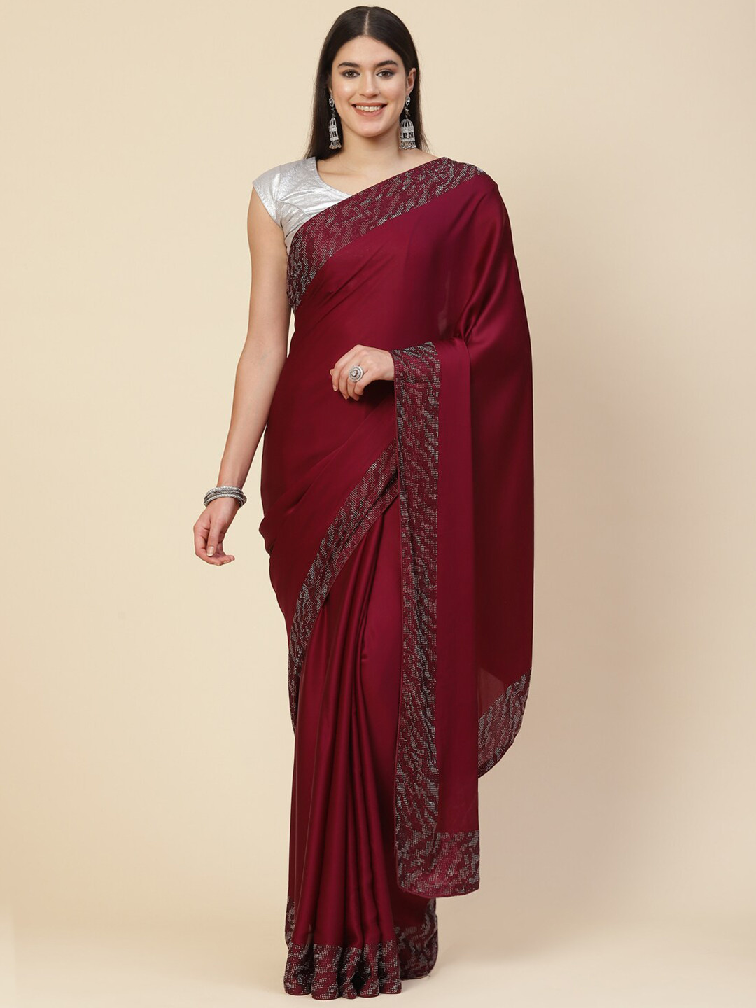 

Meena Bazaar Burgundy Beads and Stones Embellished Satin Saree