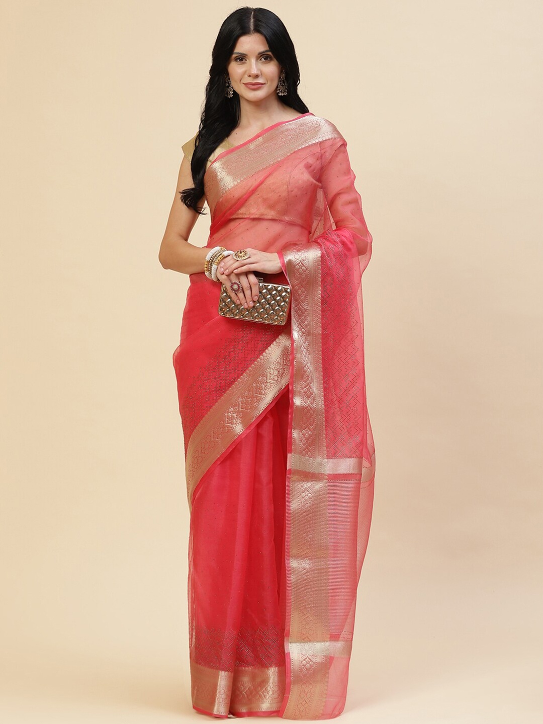 

Meena Bazaar Pink & Gold-Toned Organza Saree
