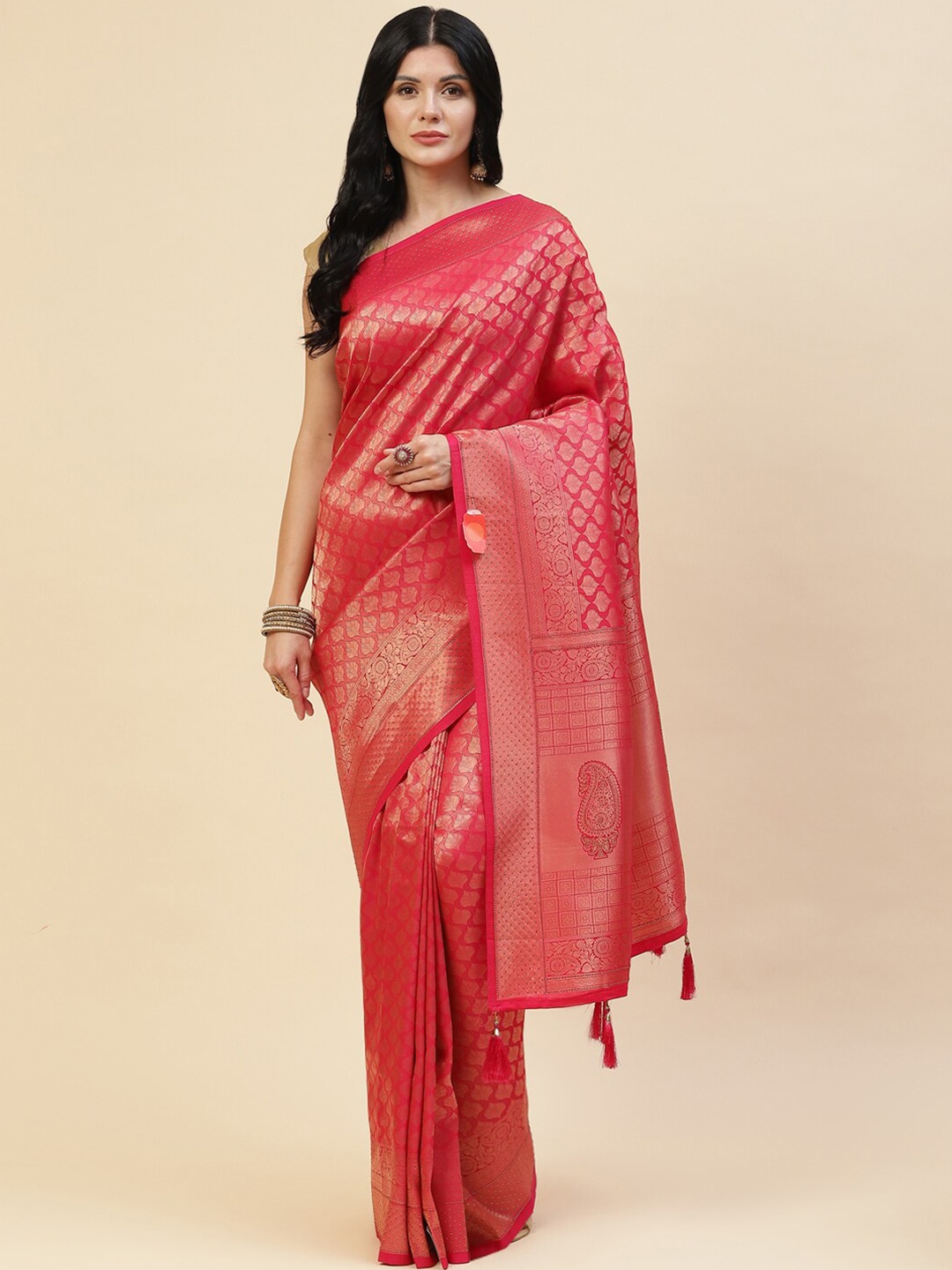 

Meena Bazaar Pink & Gold-Toned Zari Silk Blend Saree