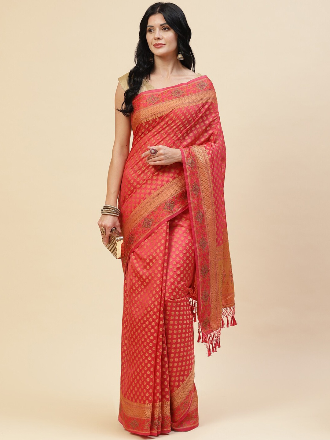 

Meena Bazaar Pink & Gold-Toned Zari Pure Cotton Saree