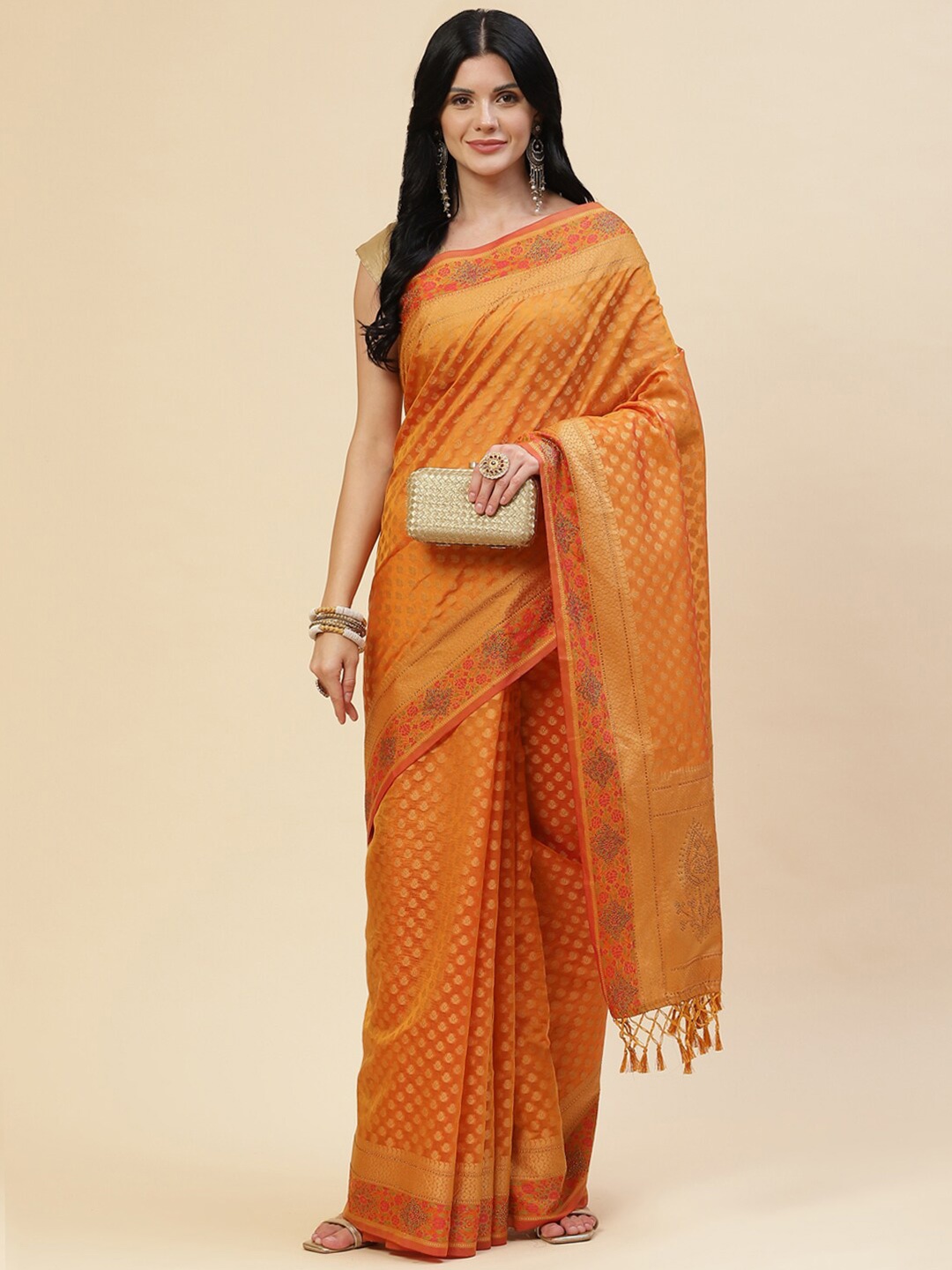 

Meena Bazaar Mustard & Gold-Toned Zari Pure Cotton Saree