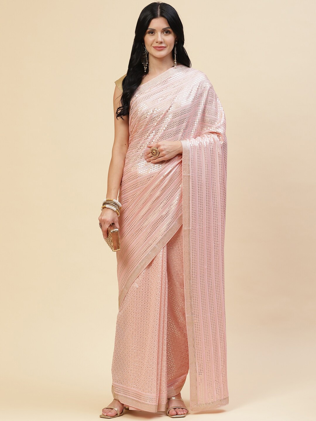 

Meena Bazaar Pink Embellished Pure Georgette Saree