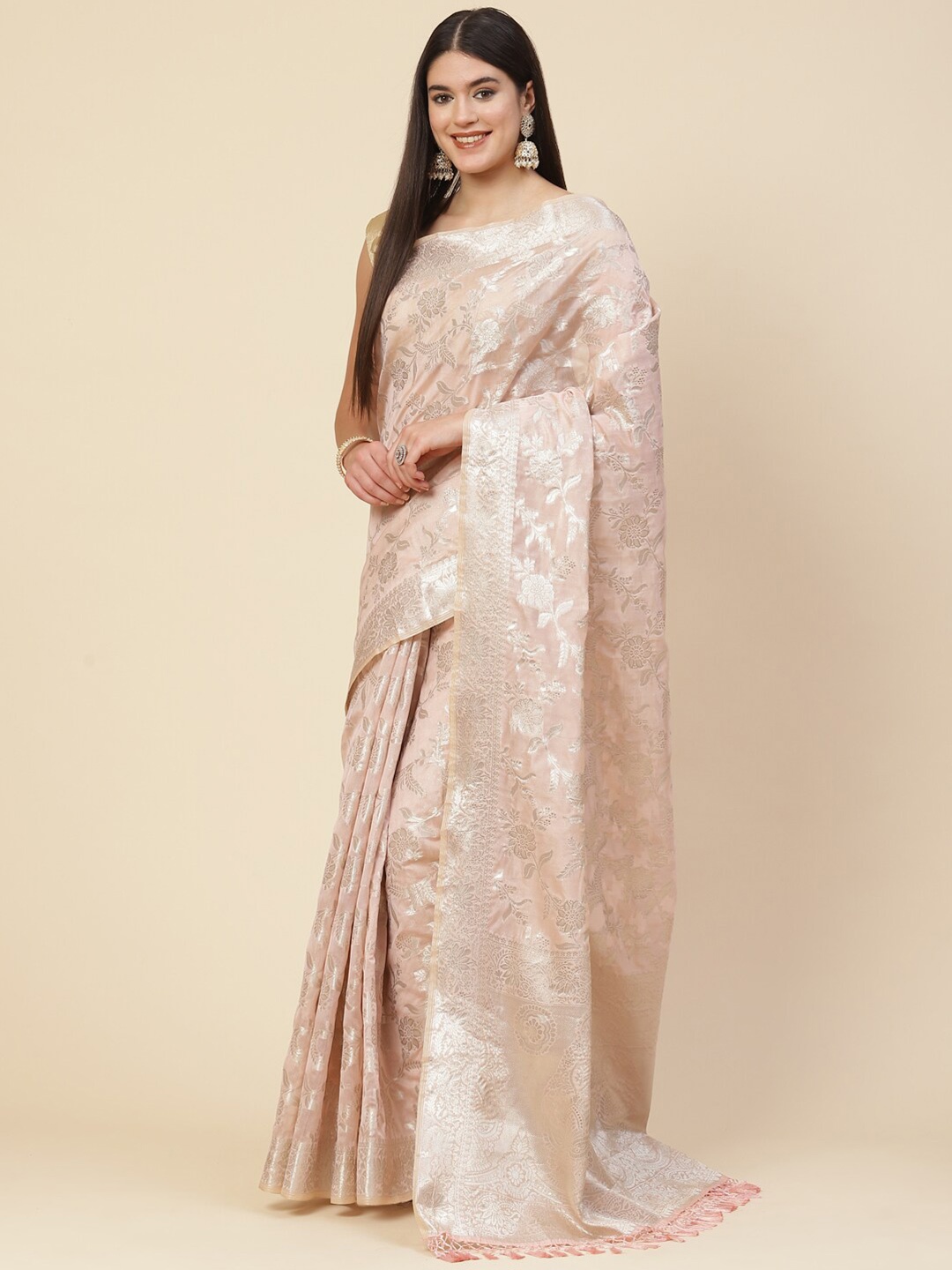 

Meena Bazaar Peach-Coloured & Silver-Toned Zari Silk Blend Saree