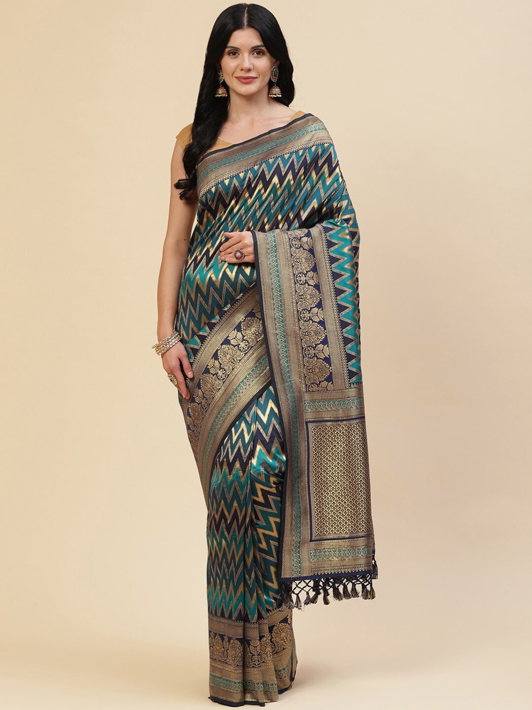 

Meena Bazaar Blue & Gold-Toned Zari Silk Blend Saree
