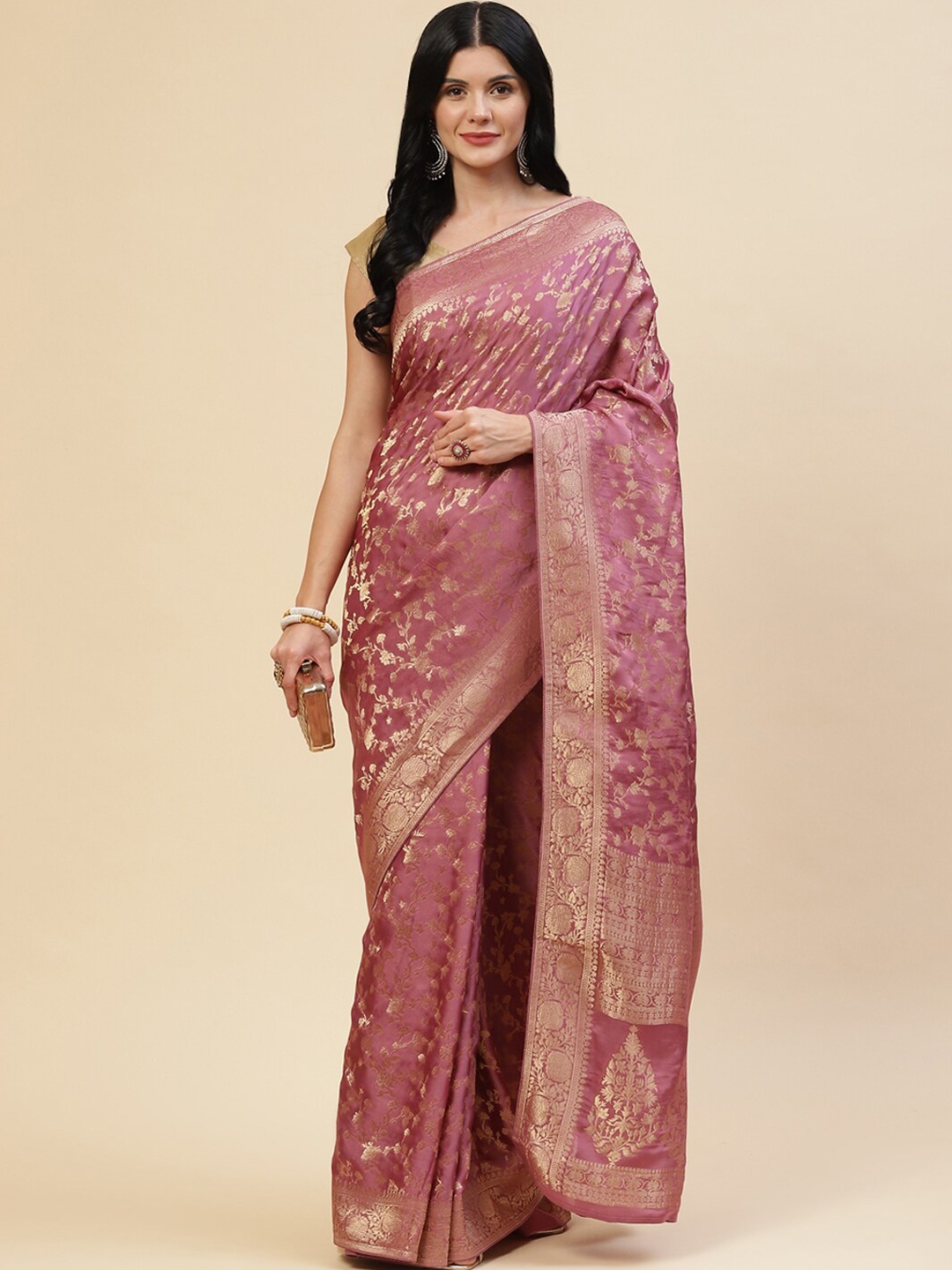 

Meena Bazaar Purple & Gold-Toned Zari Satin Saree