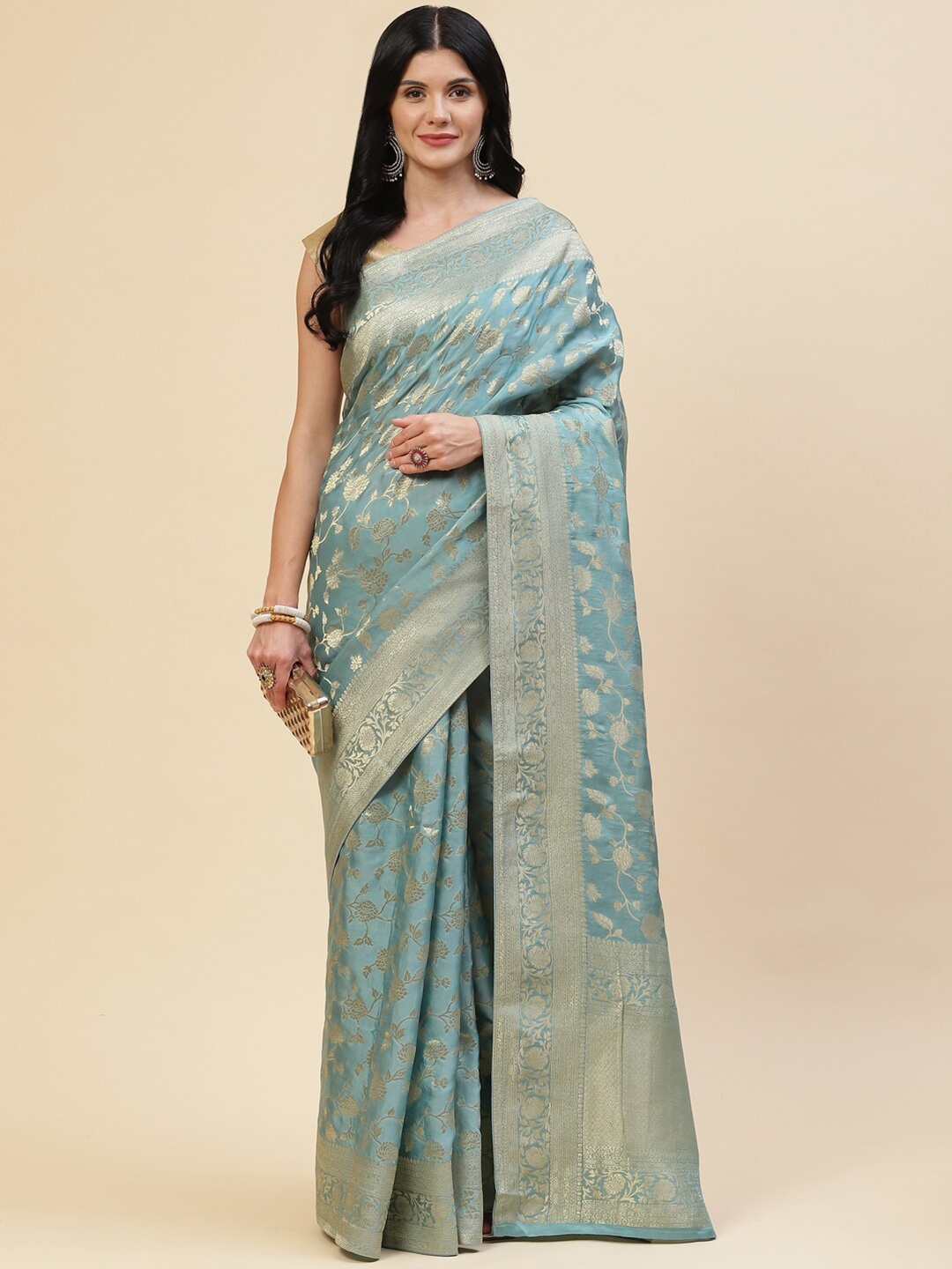 

Meena Bazaar Blue & Gold-Toned Zari Satin Saree