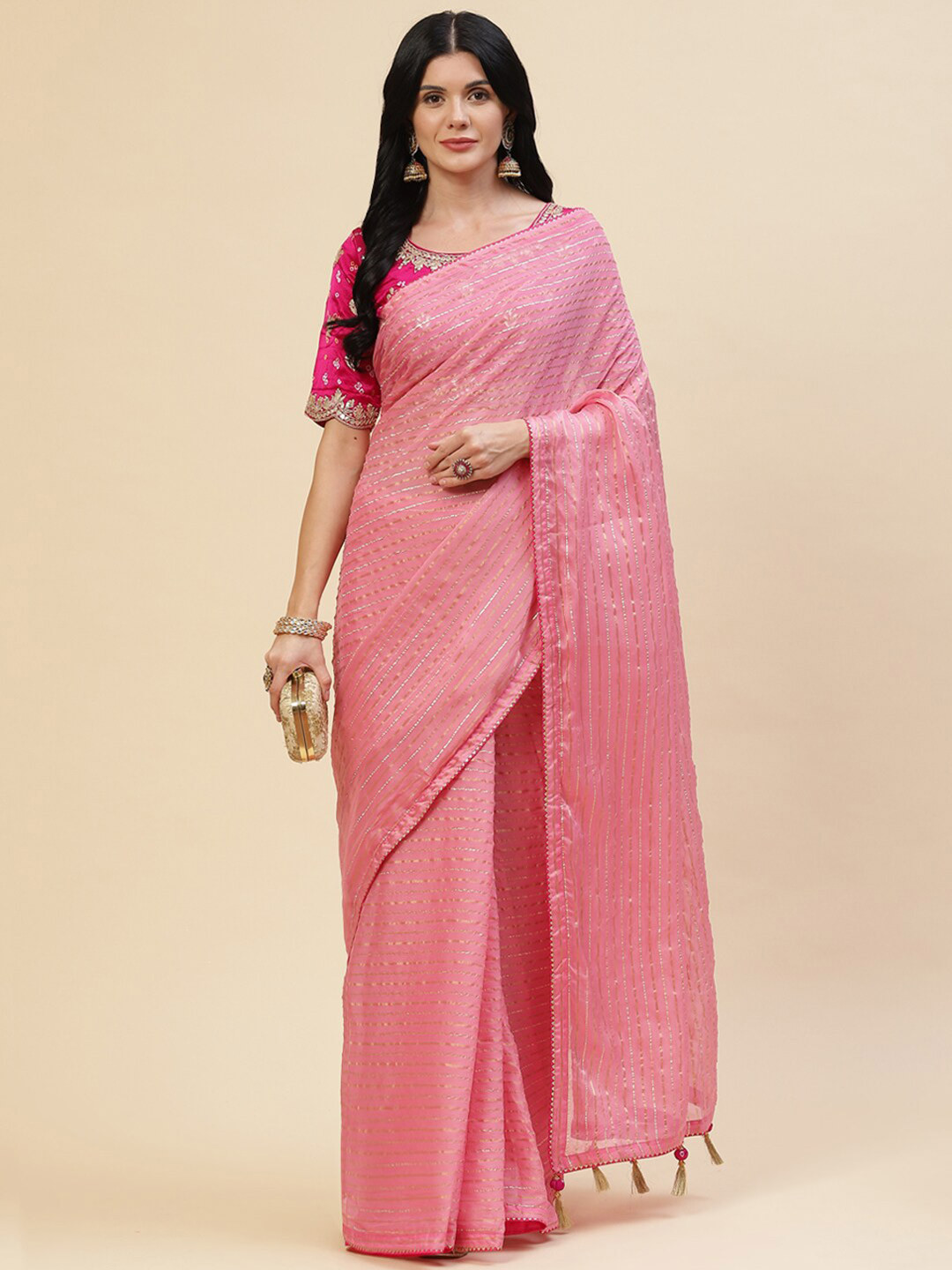 

Meena Bazaar Pink & Gold-Toned Embellished Organza Saree