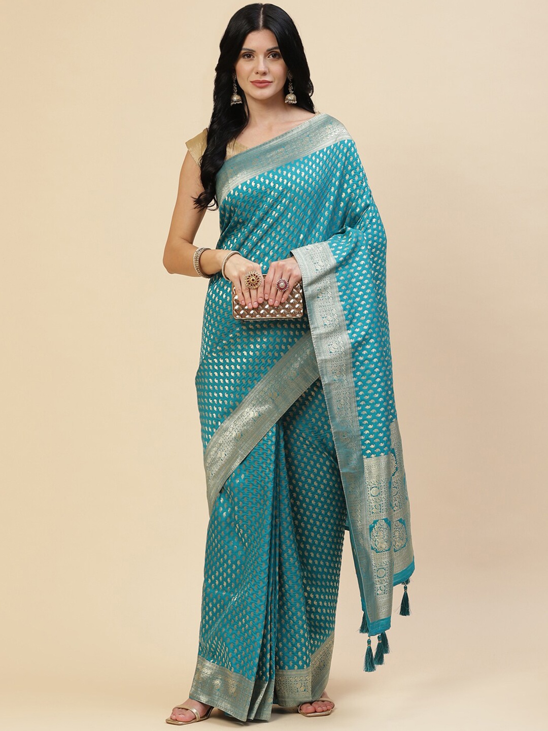 

Meena Bazaar Blue & Gold-Toned Woven Design Zari Silk Blend Saree