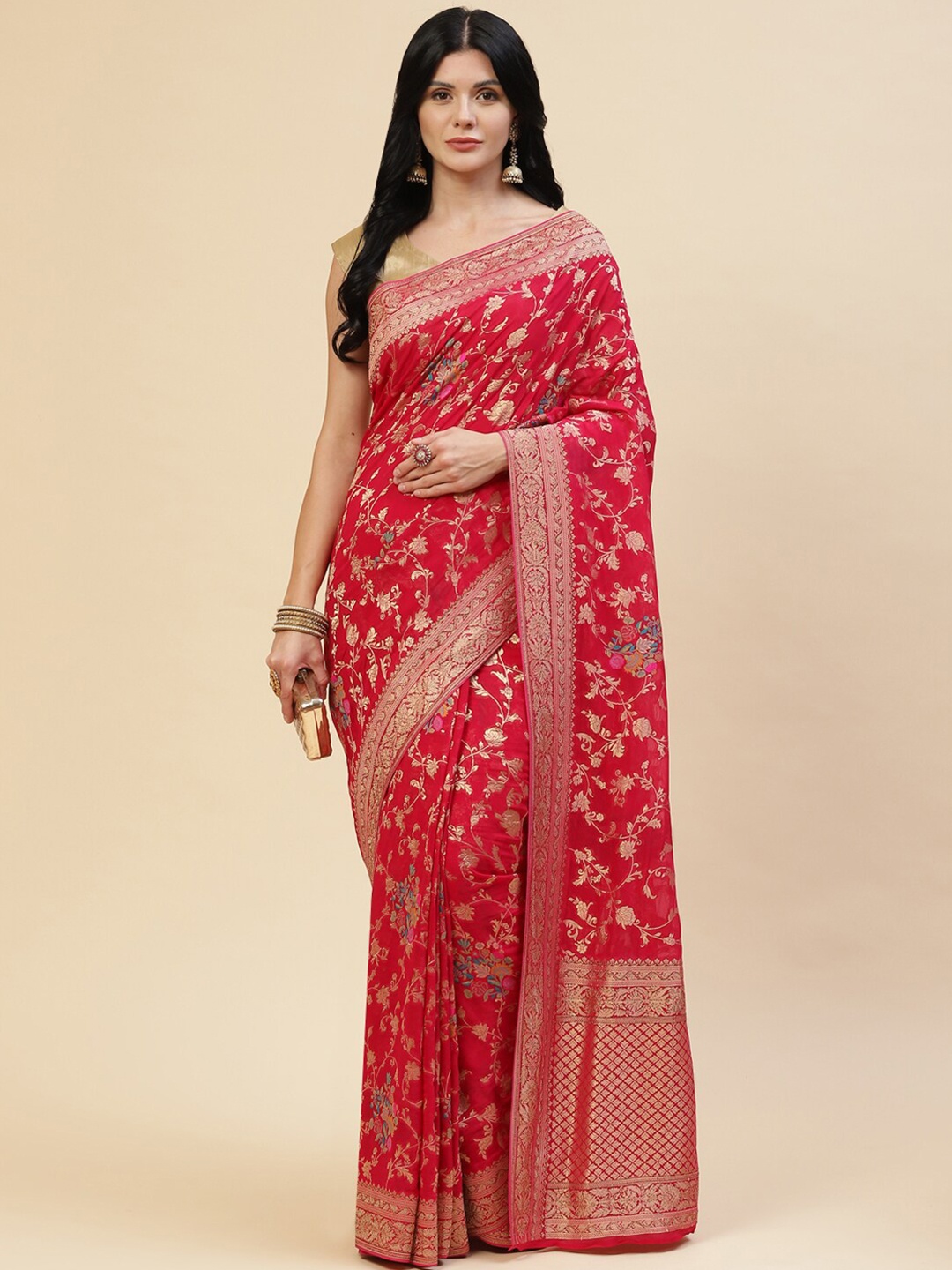 

Meena Bazaar Pink & Gold-Toned Woven Design Zari Saree