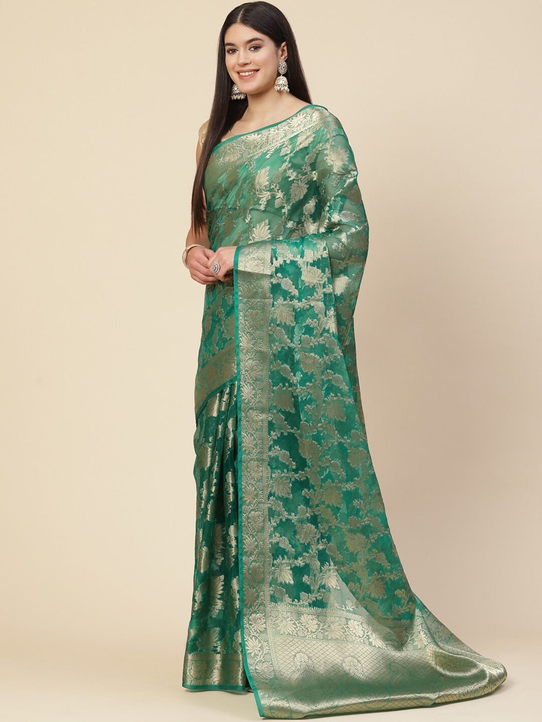 

Meena Bazaar Green & Gold-Toned Woven Design Zari Organza Saree