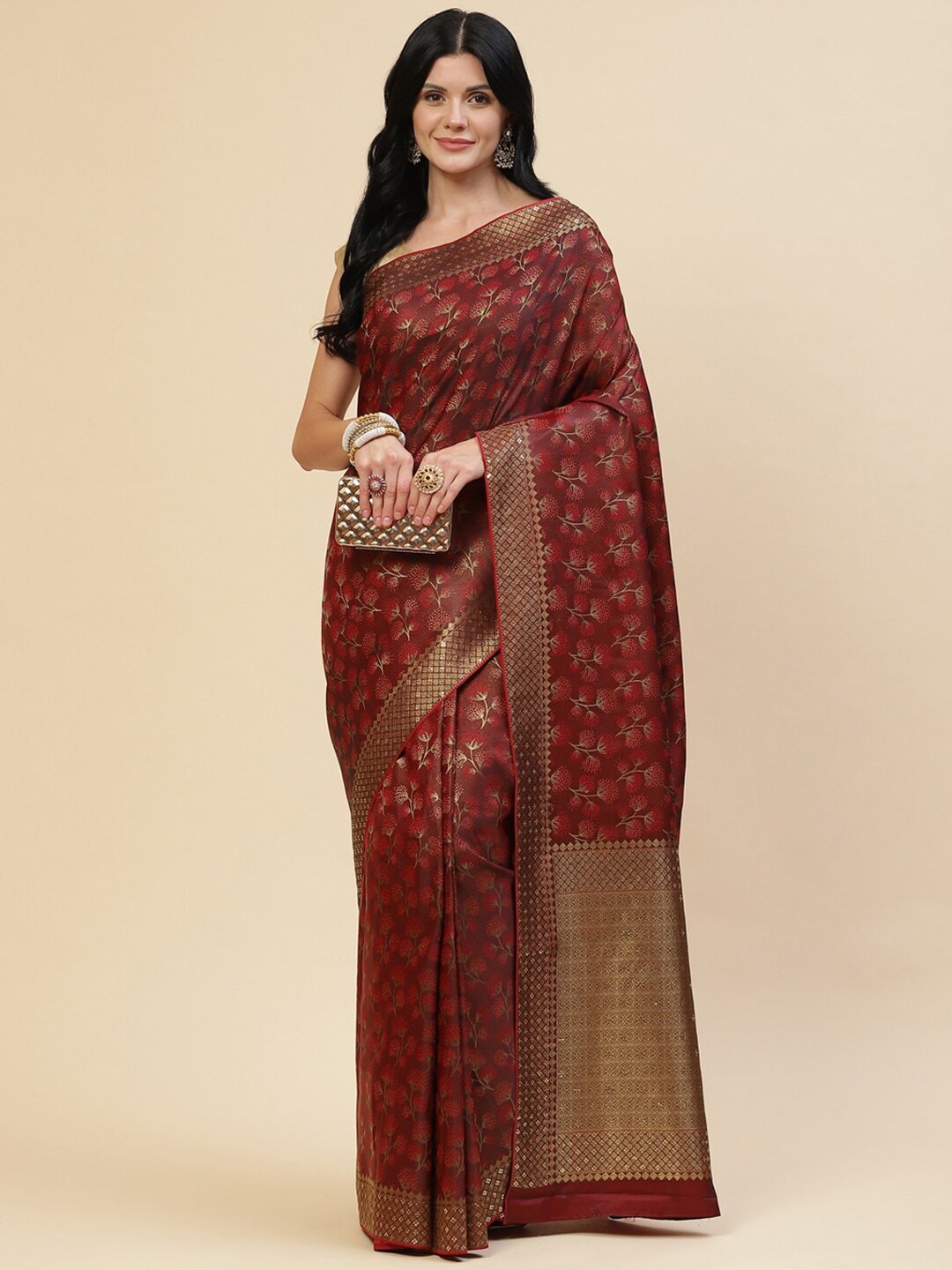 

Meena Bazaar Maroon & Copper-Toned Floral Beads and Stones Silk Blend Saree