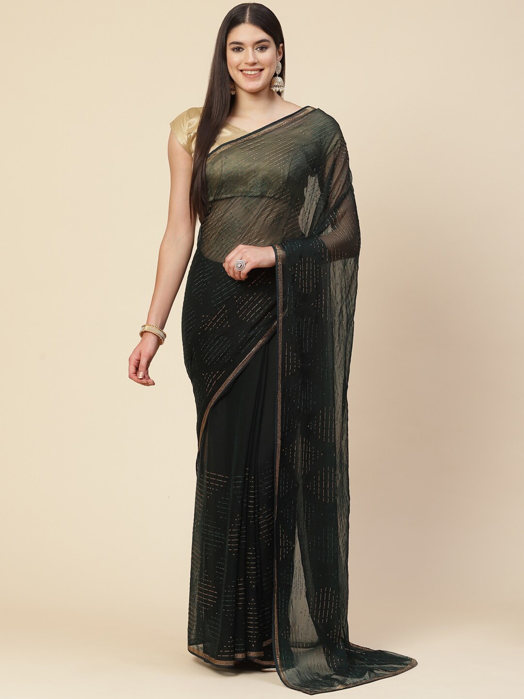 

Meena Bazaar Green & Gold-Toned Beads and Stones Embellished Saree
