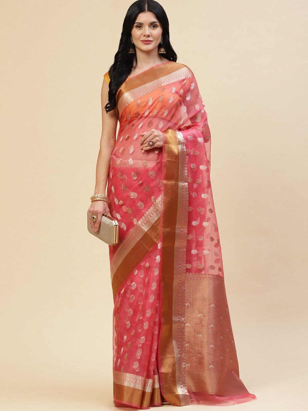 

Meena Bazaar Fuchsia & Gold-Toned Woven Design Zari Organza Saree