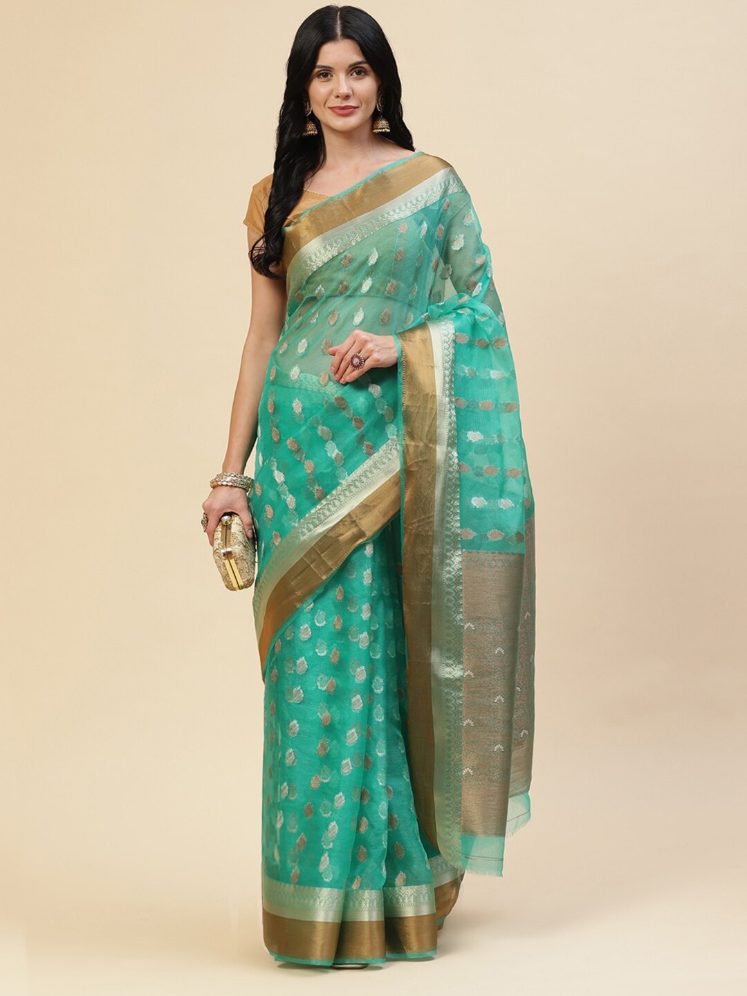 

Meena Bazaar Women Sea Green & Copper-Toned Woven Design Zari Organza Saree