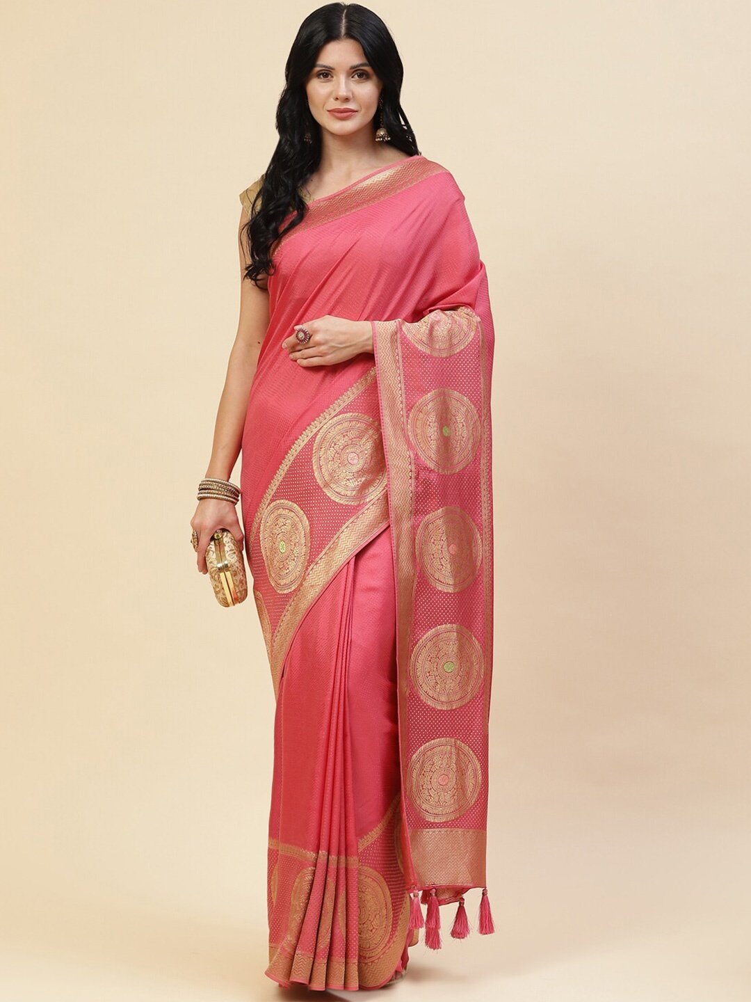 

Meena Bazaar Women Pink & Gold-Toned Woven Design Zari Silk Blend Saree