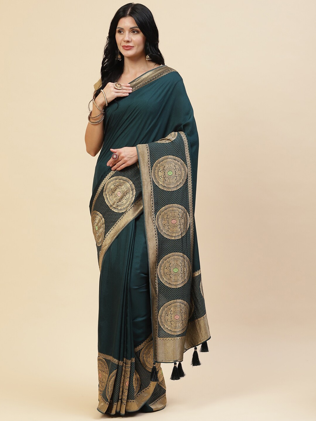 

Meena Bazaar Women Blue & Gold-Toned Woven Design Zari Silk Blend Saree