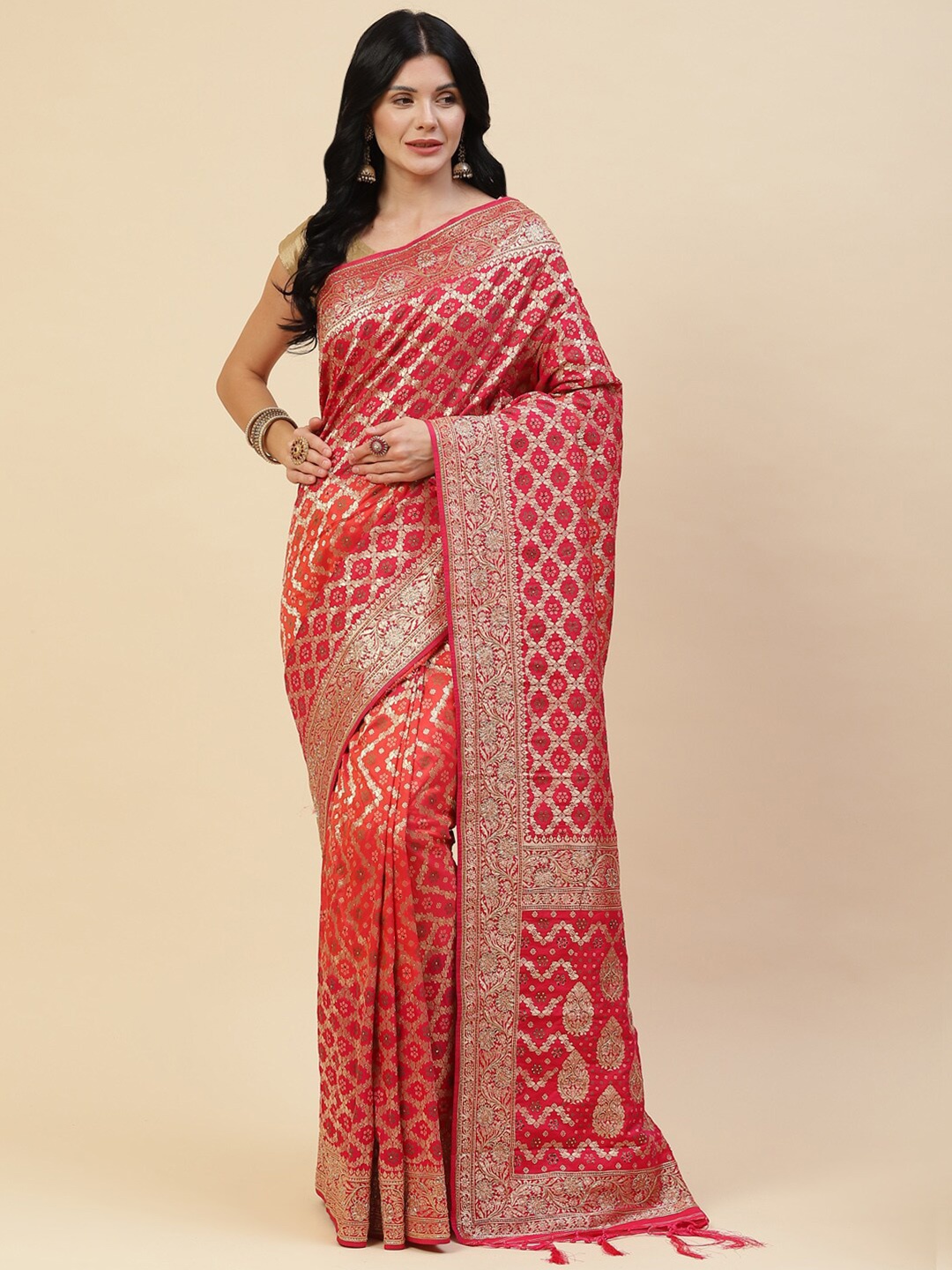 

Meena Bazaar Women Pink & Gold-Toned Woven Design Zari Silk Blend Saree