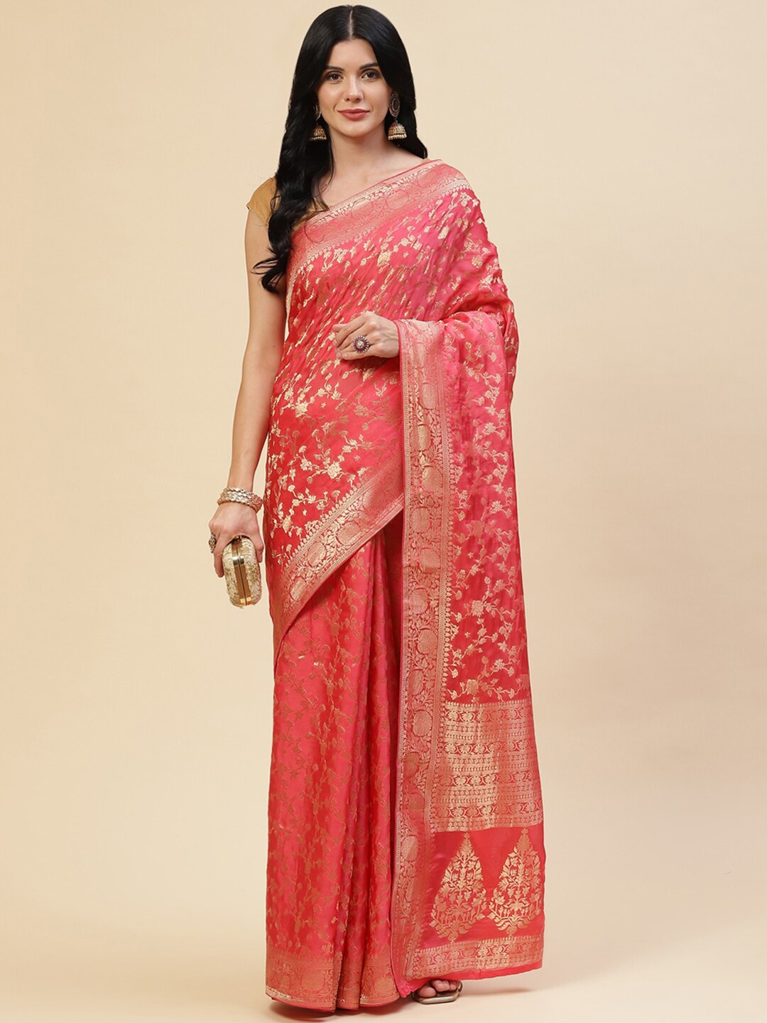 

Meena Bazaar Women Pink & Gold-Toned Woven Design Zari Satin Saree