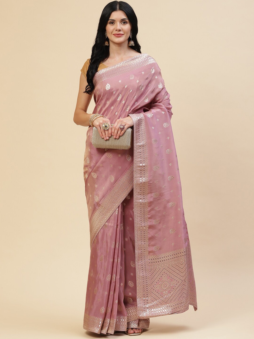 

Meena Bazaar Women Purple & Gold-Toned Woven Design Zari Organza Saree