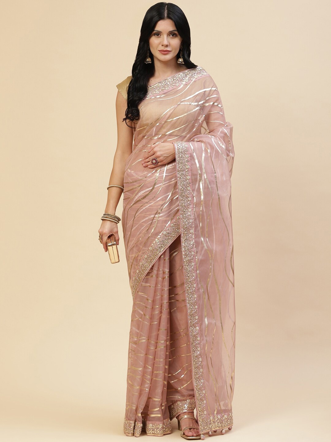 

Meena Bazaar Women Mauve Embellished Gotta Patti Organza Saree