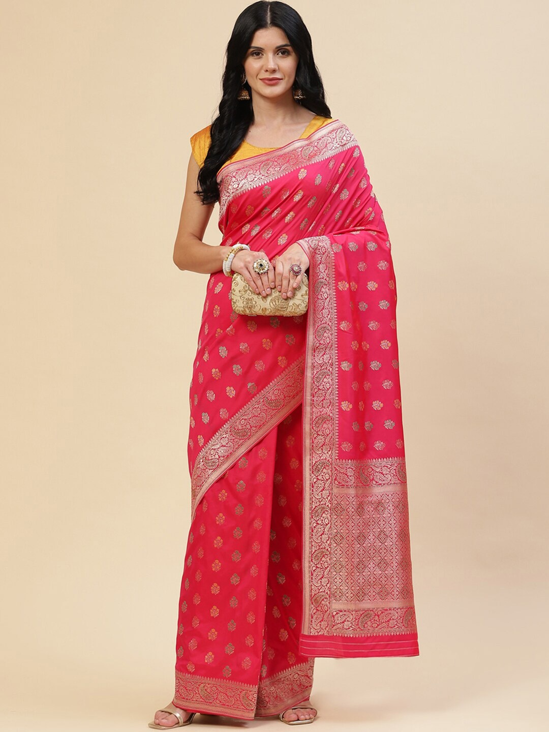 

Meena Bazaar Women Pink & Silver-Toned Floral Zari Silk Blend Saree